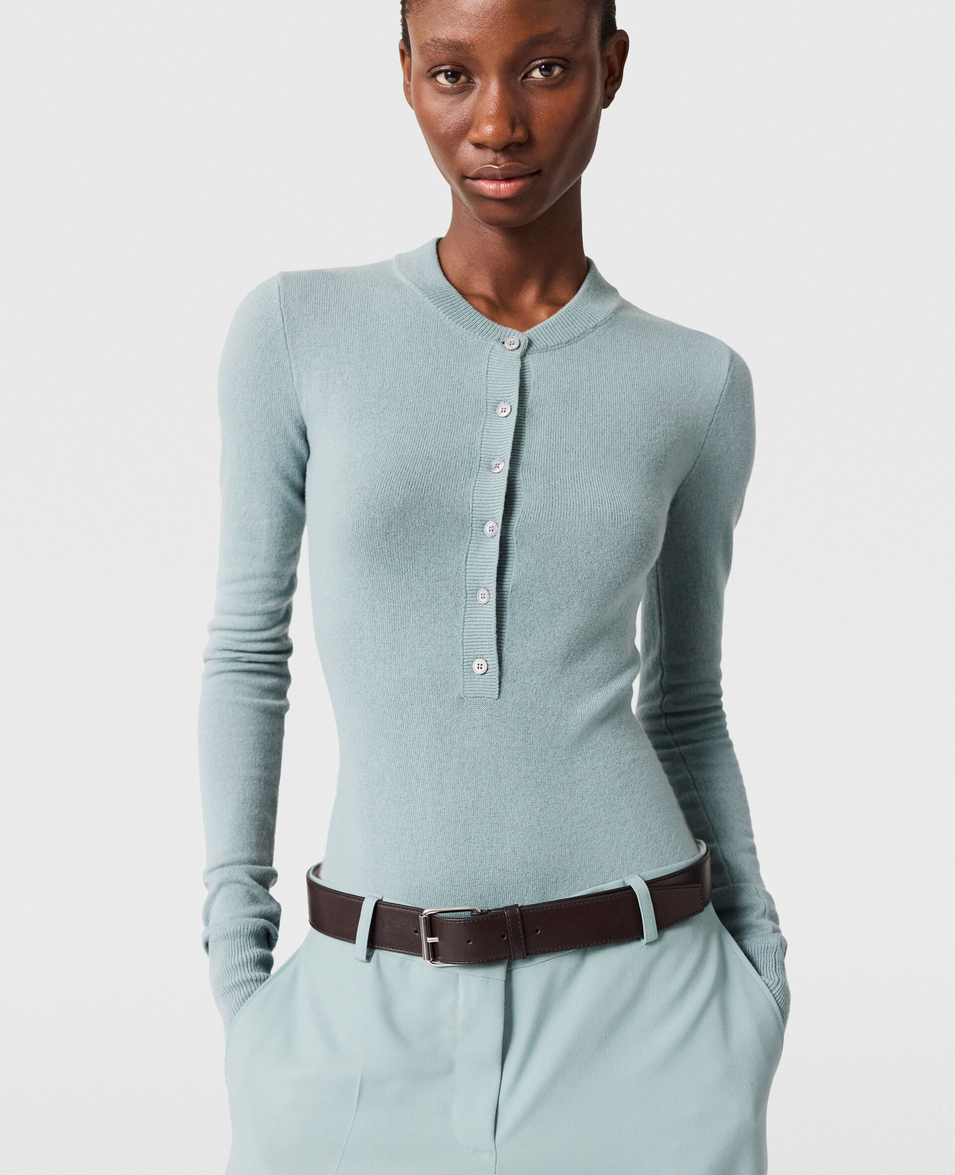Crewneck Ribbed Long-Sleeve Bodysuit-Blue-model