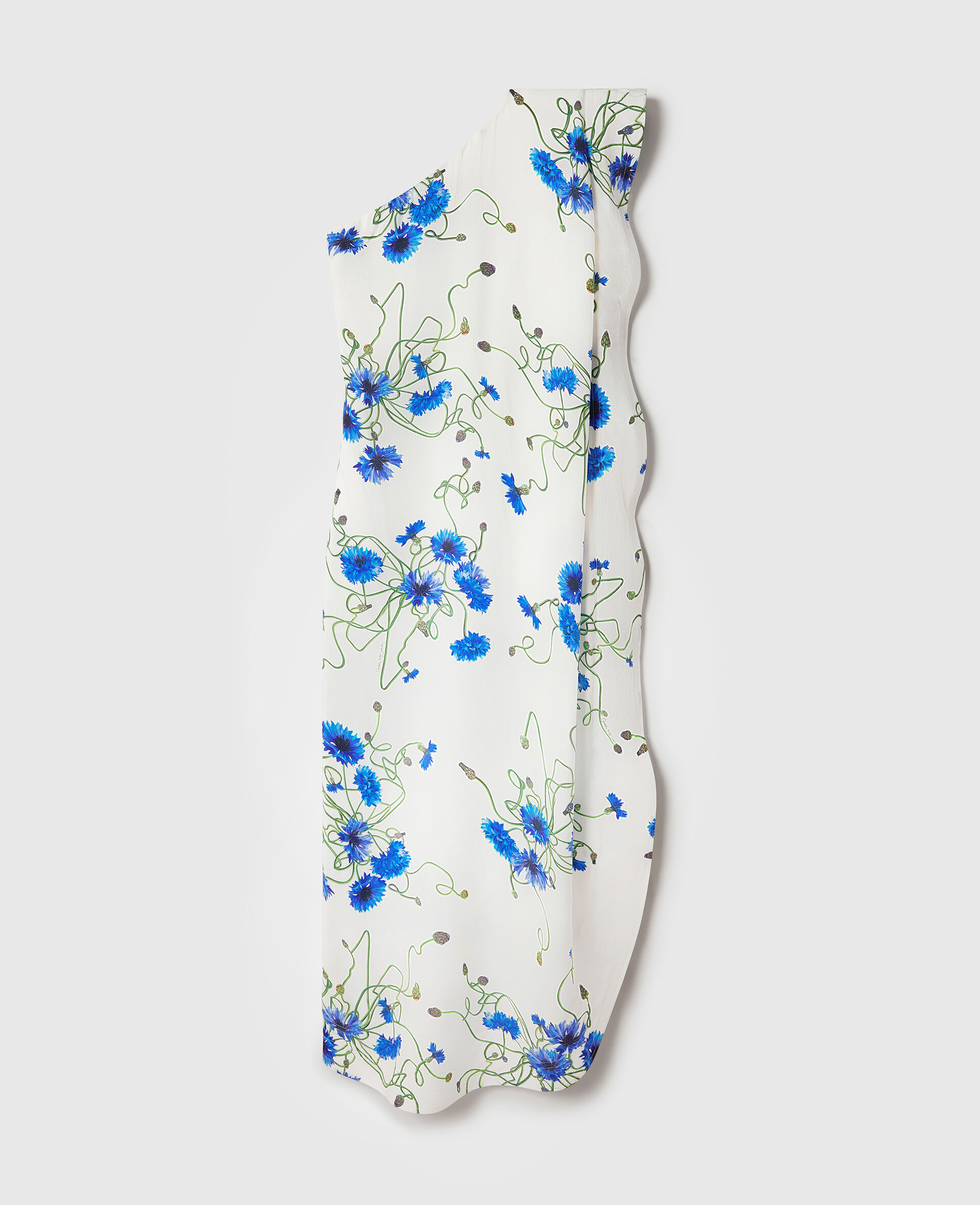 Floral Print Hammered Silk Asymmetric Cocktail Dress-White-medium