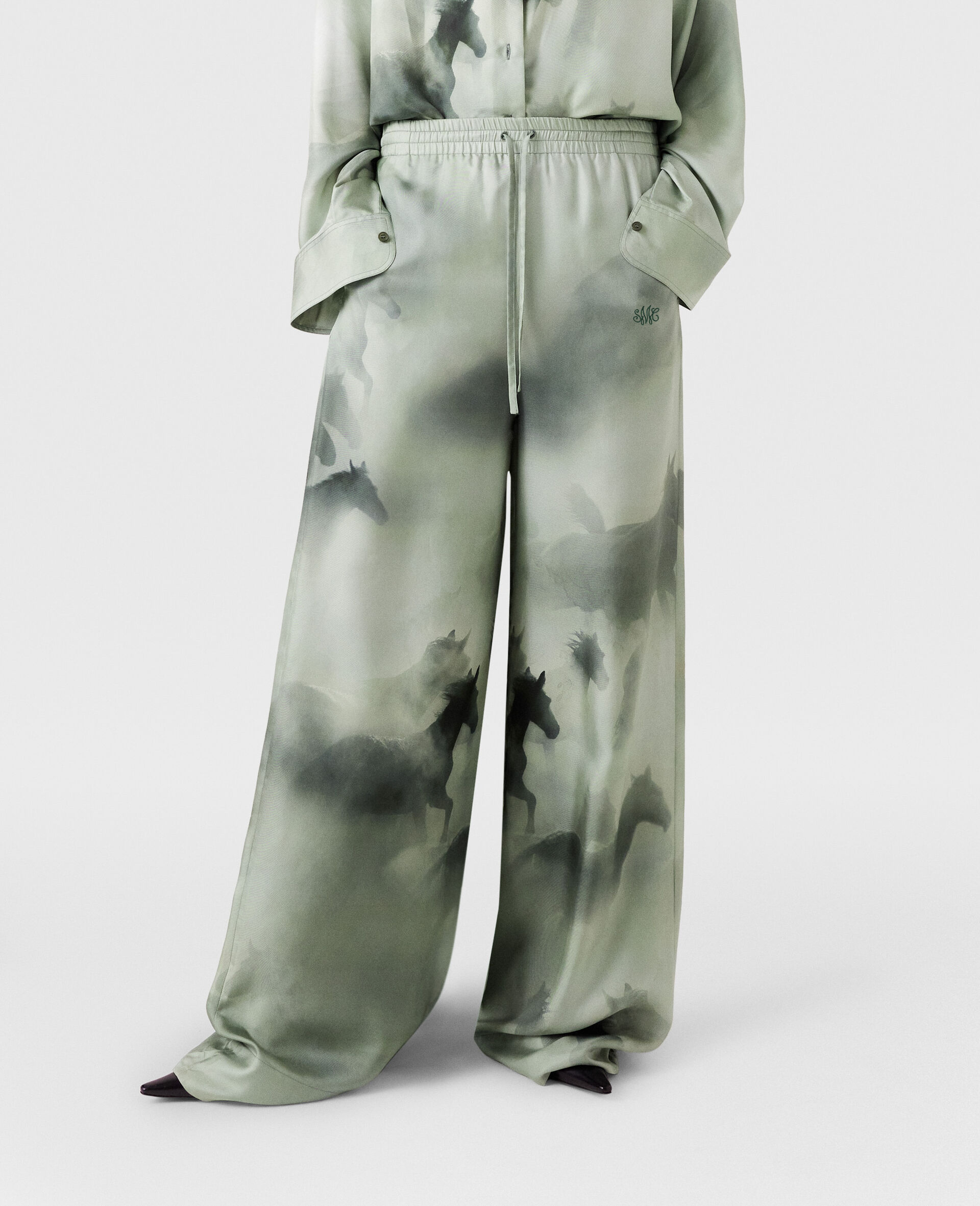 Drawstring Horse Print Trousers-Green-large image number 5