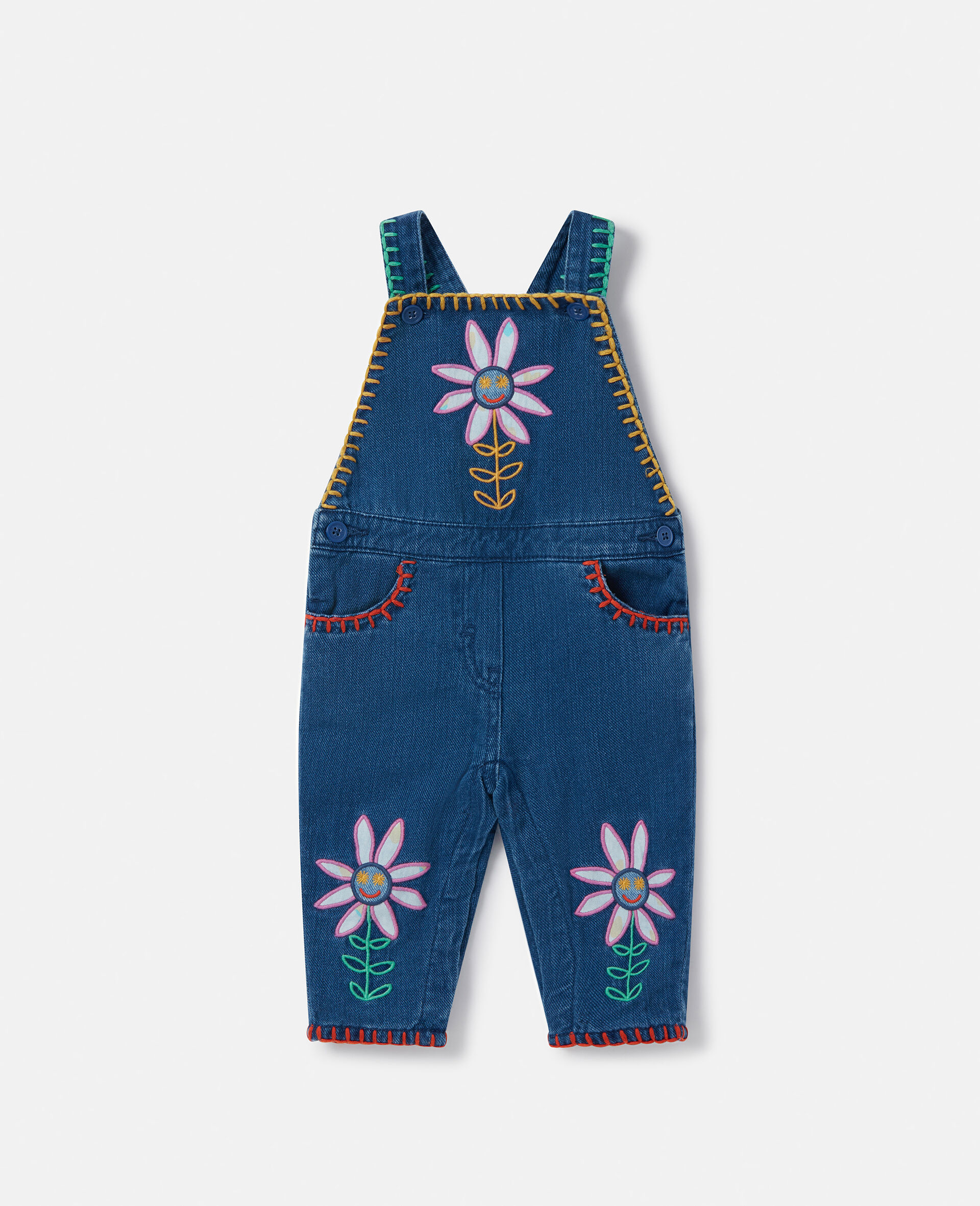 Smiling Flower Denim Dungarees-Blue-large image number 0