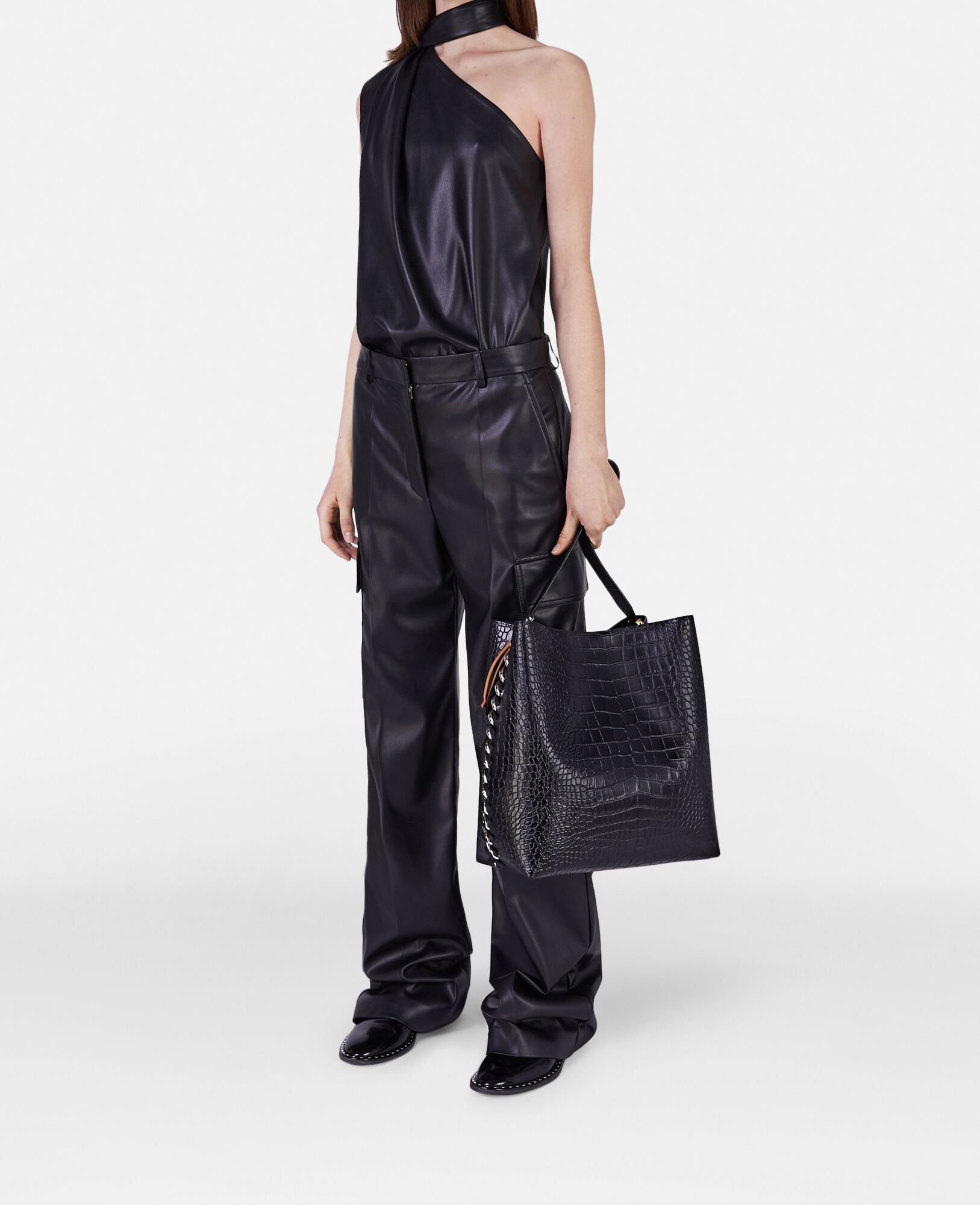 関税送料込Stella McCartney Crocodile Effect Tote Bag Women Black Frayme Croc-Effect Embossed Tote Bag | Stella