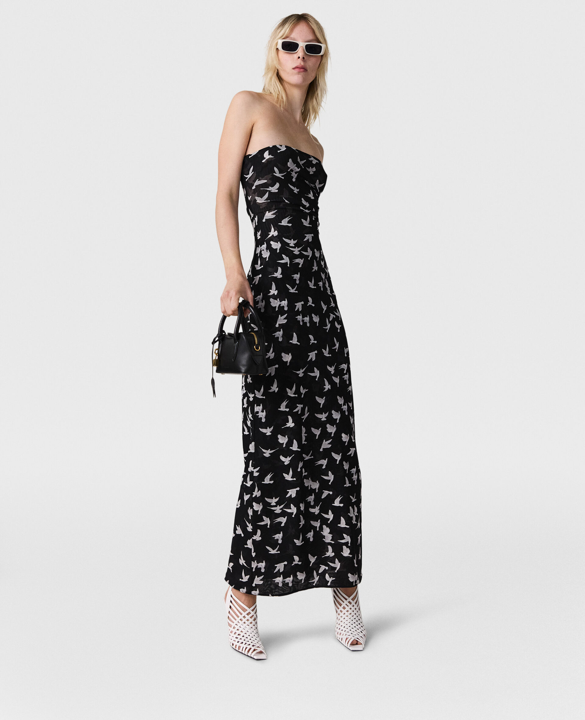 Robe midi bustier en mesh avec imprime colombe-Noir-large image number 1