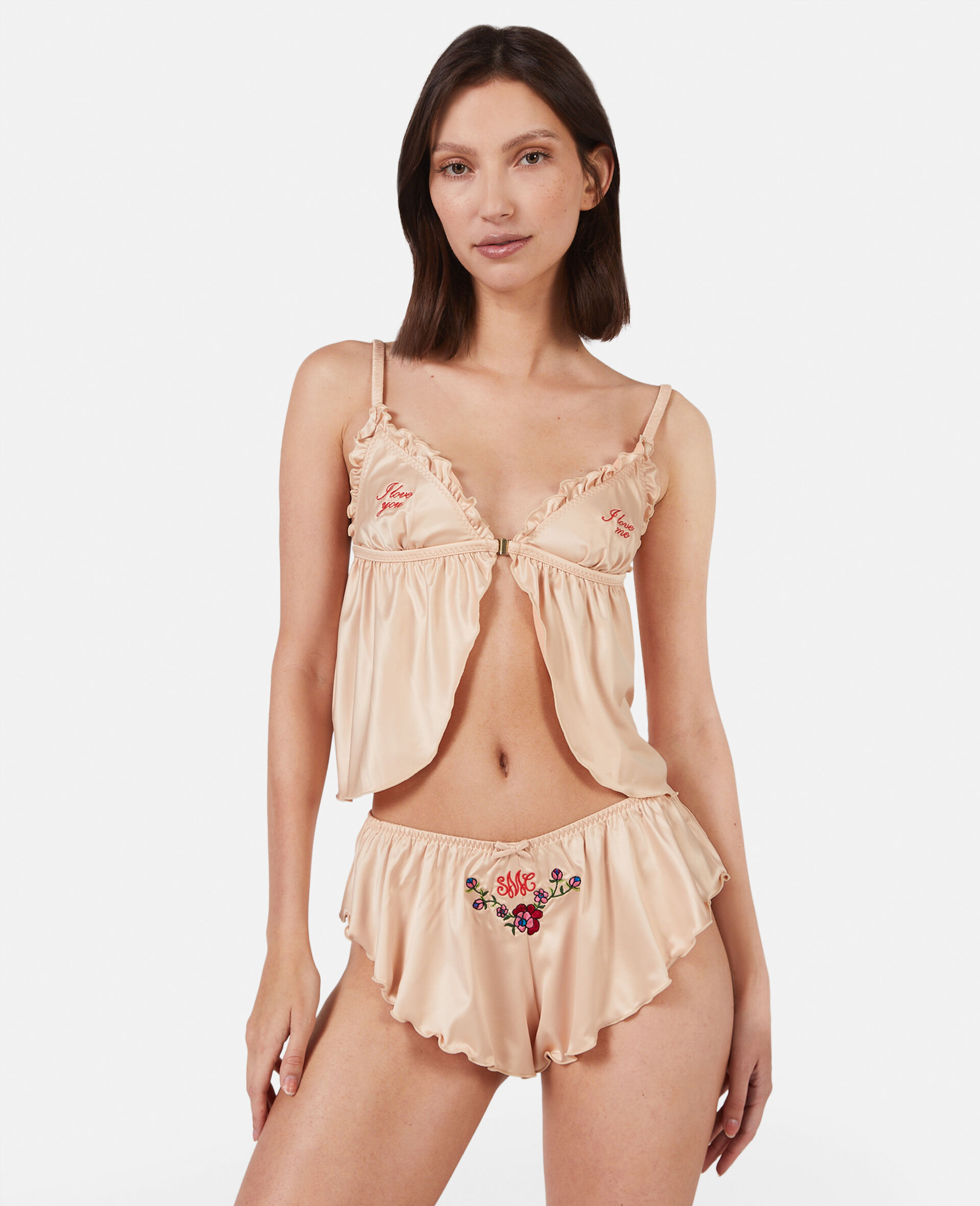 'Love You' Embroidery Satin Flounce Camisole-Beige-model