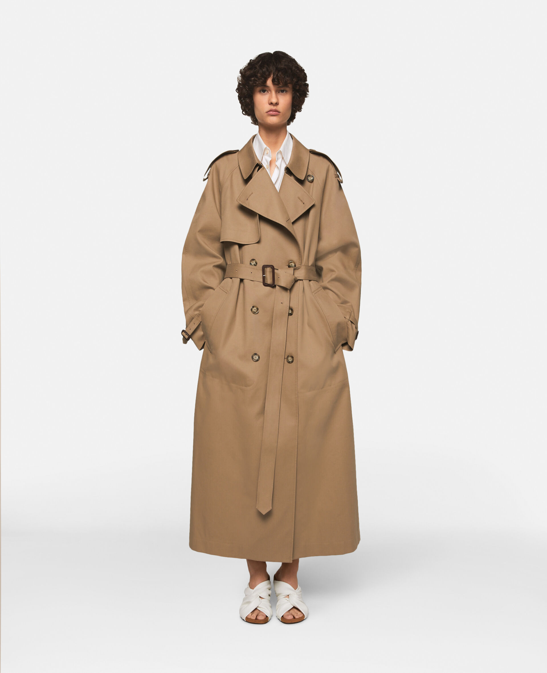 Belted Cotton Trench Coat-Brown-model