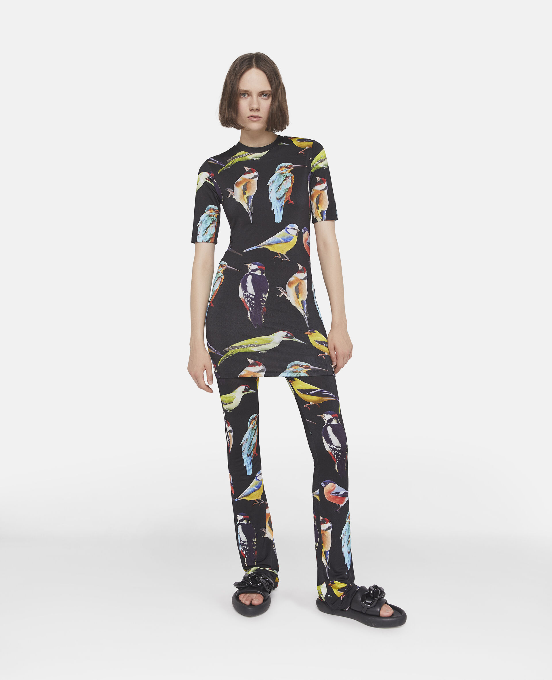 Bird Crest Print Jersey Midi Dress-Black-large image number 1