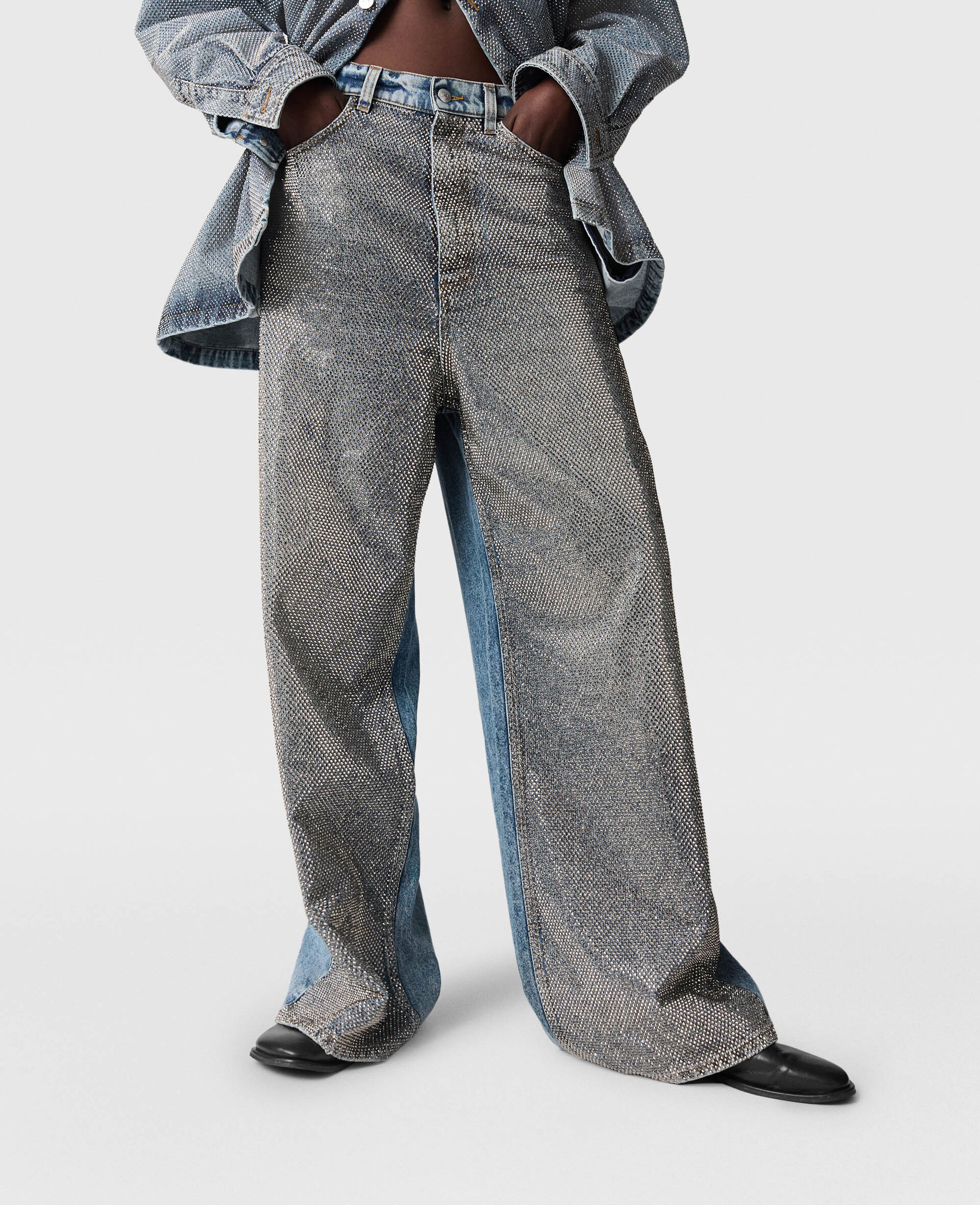 Oversized Crystal-Embellished Denim Jeans-Silver-large image number 5