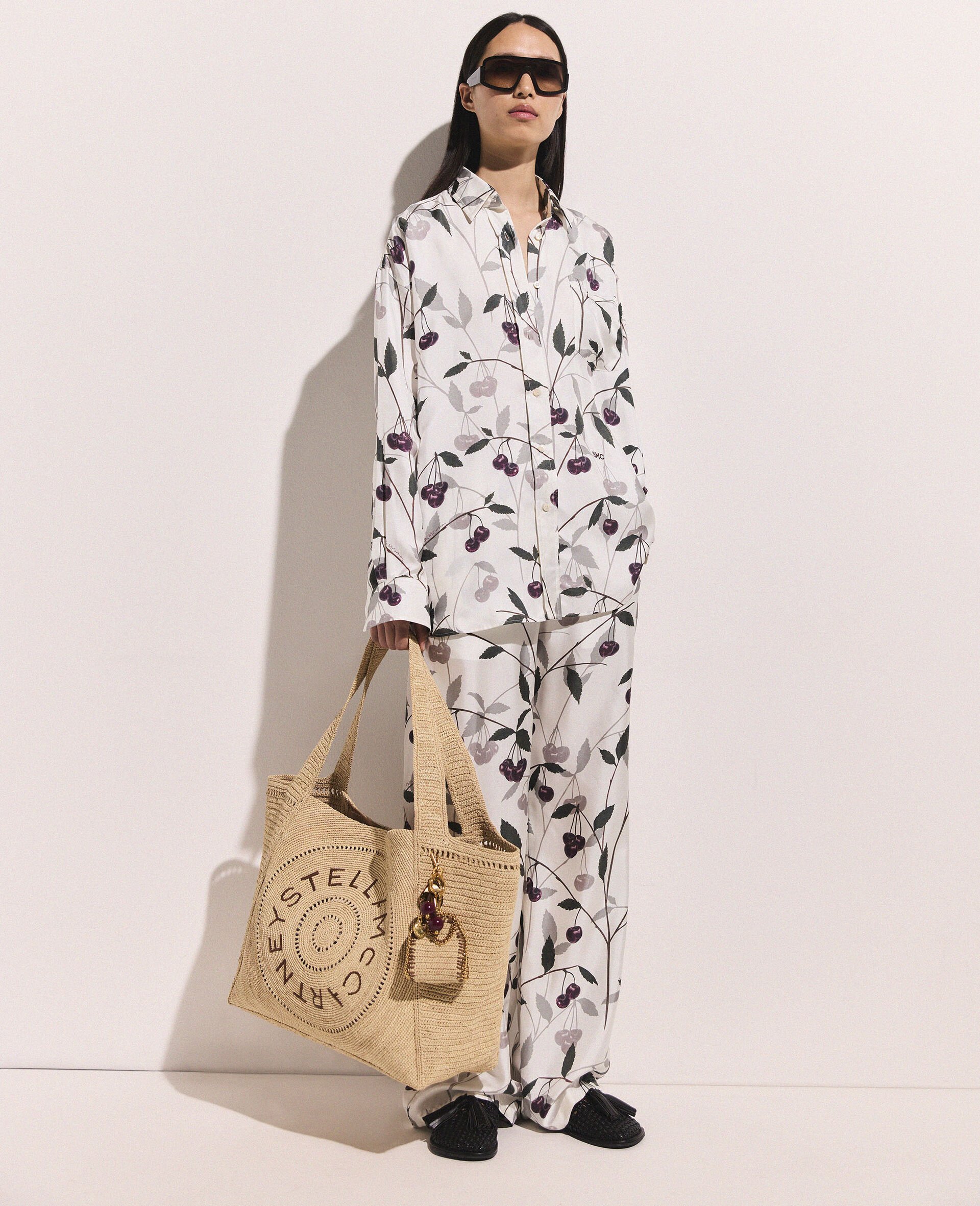 Cherry Print Oversized Trousers-Beige-model