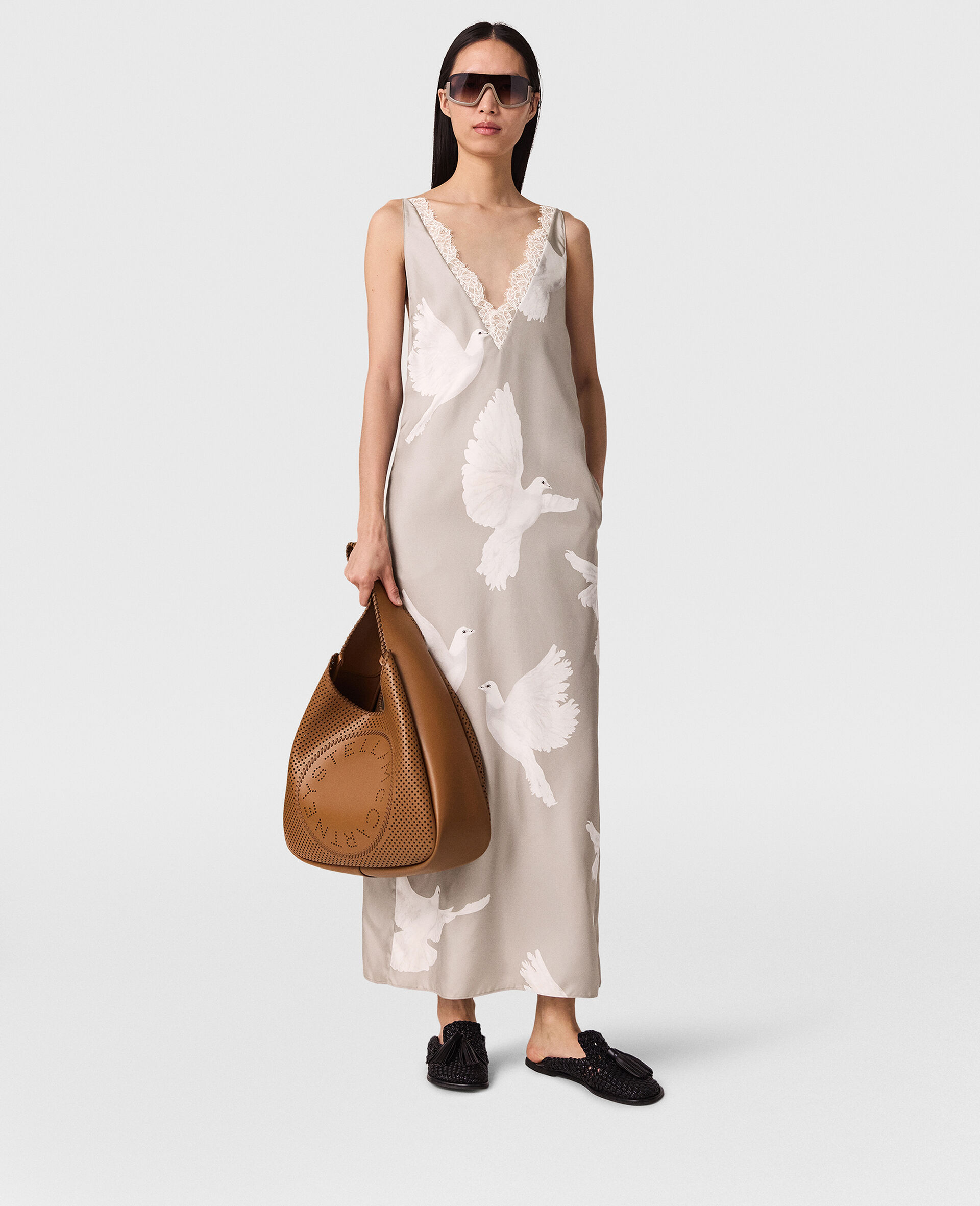 Sleeveless V-Neck Dove Print Midi Dress-Beige-model