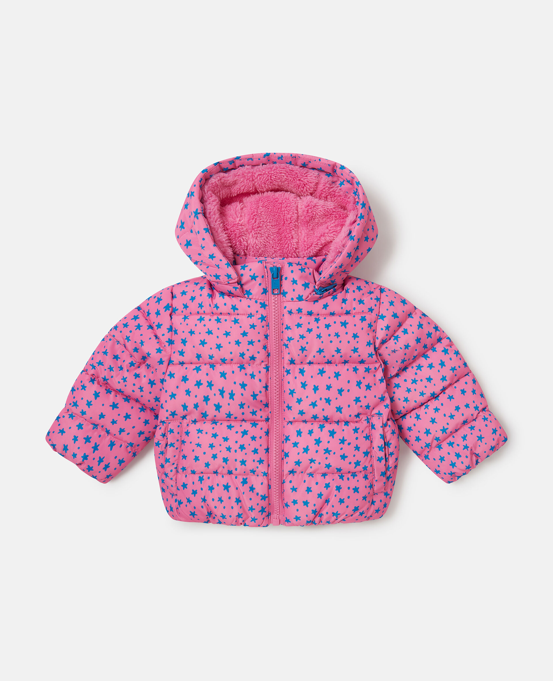 Star Print Hooded Puffer Coat-Pink-medium