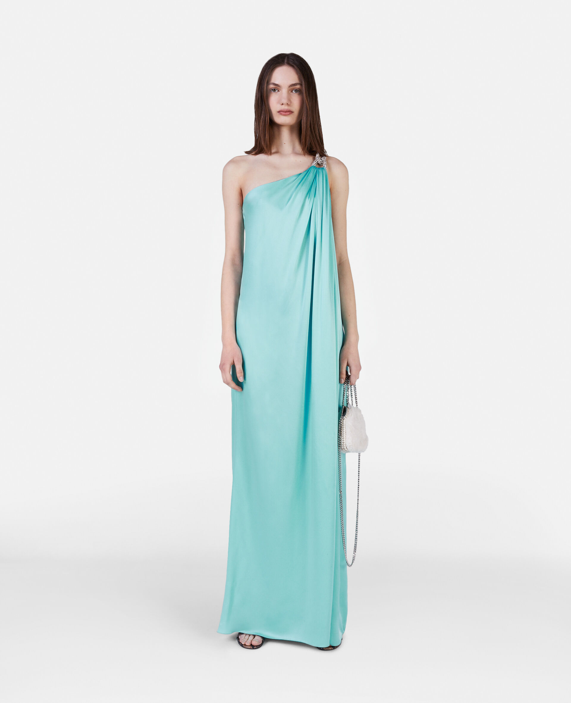 Robe asymetrique en double satin avec chaine en cristaux Falabella-Blanc-model Robe asymetrique en double satin avec chaine en cristaux Falabella-Blanc-model