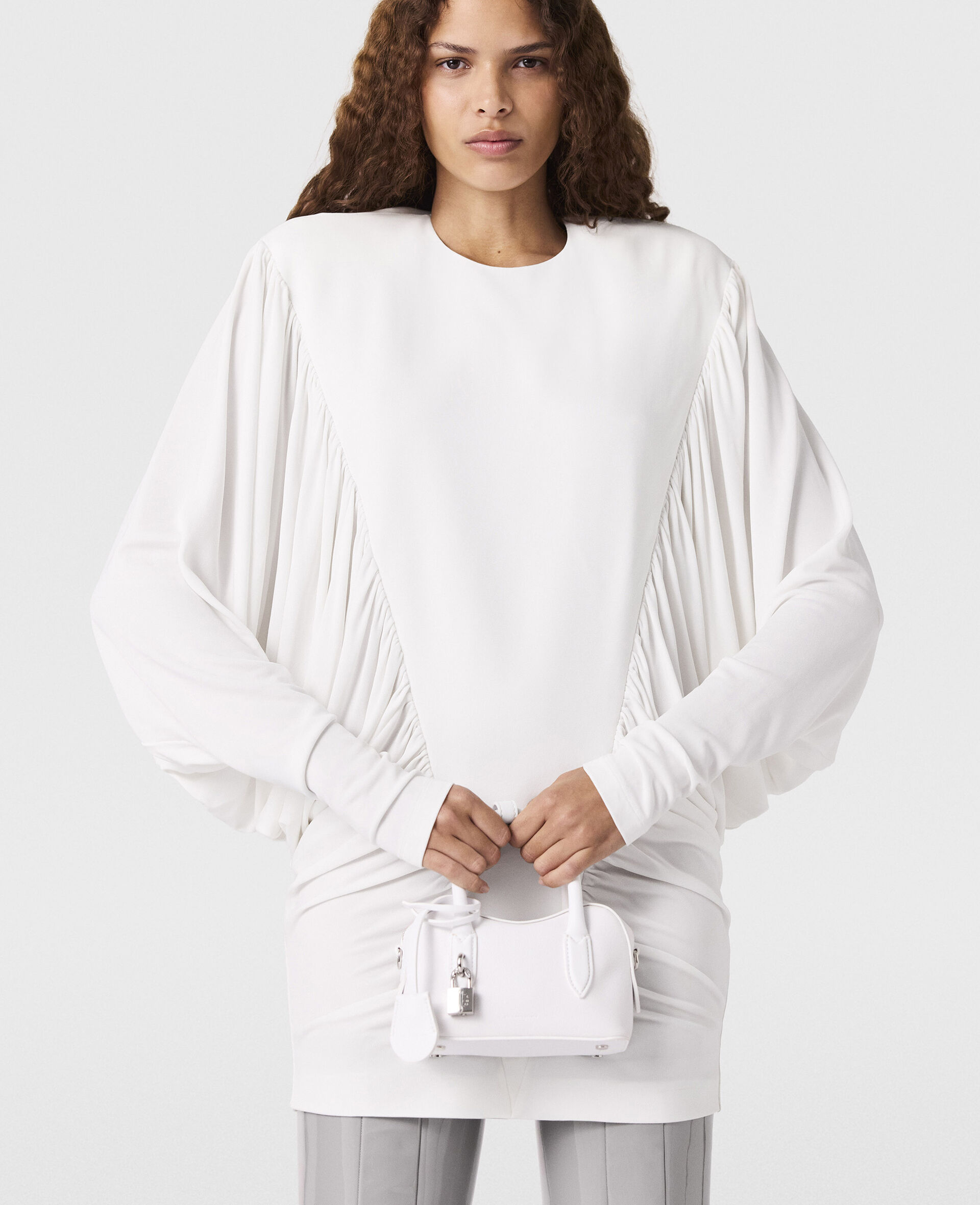 Pleated Crewneck Long-Sleeve Mini Dress-White-model