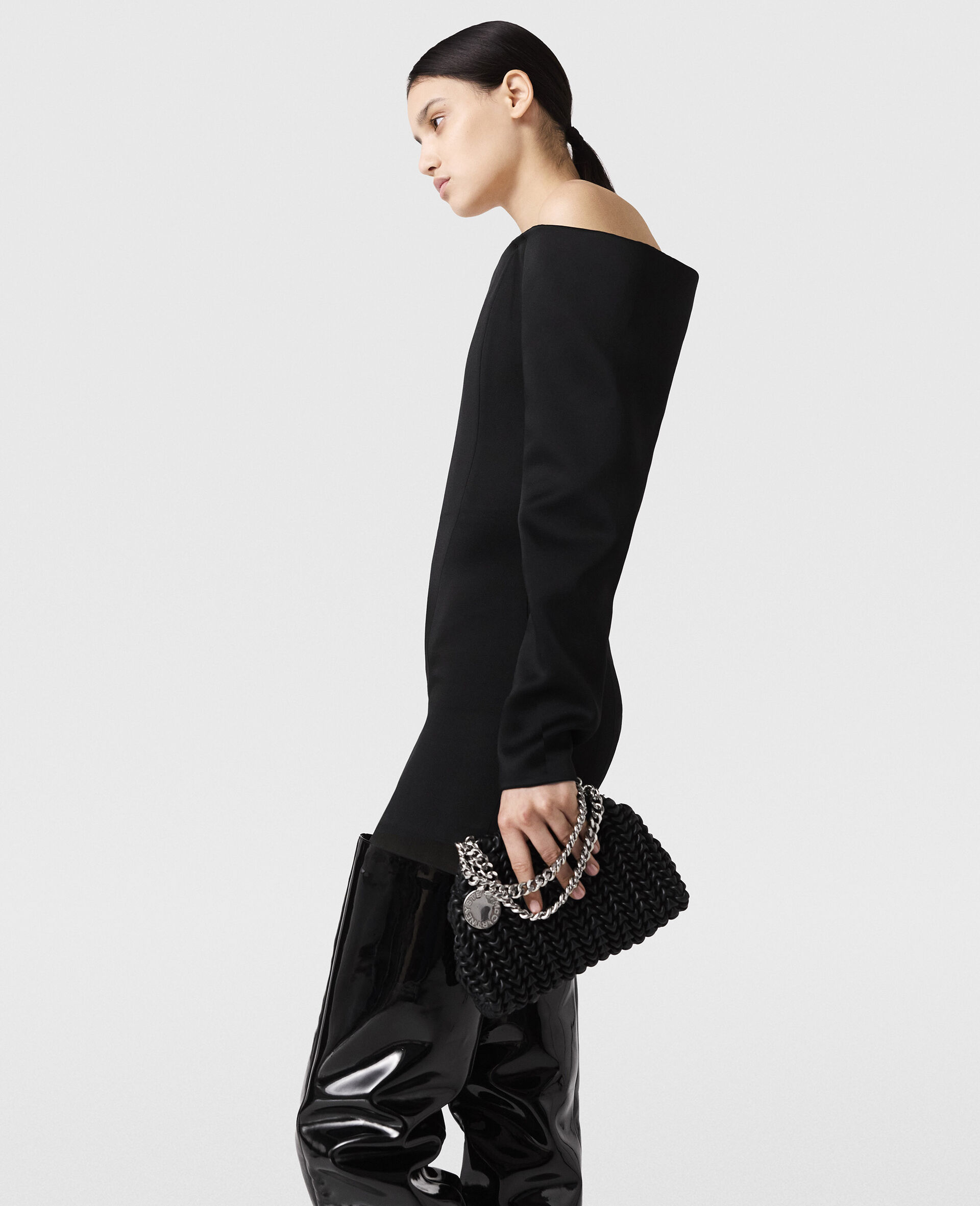 Off-Shoulder Long-Sleeve Mini Dress-Black-large image number 2