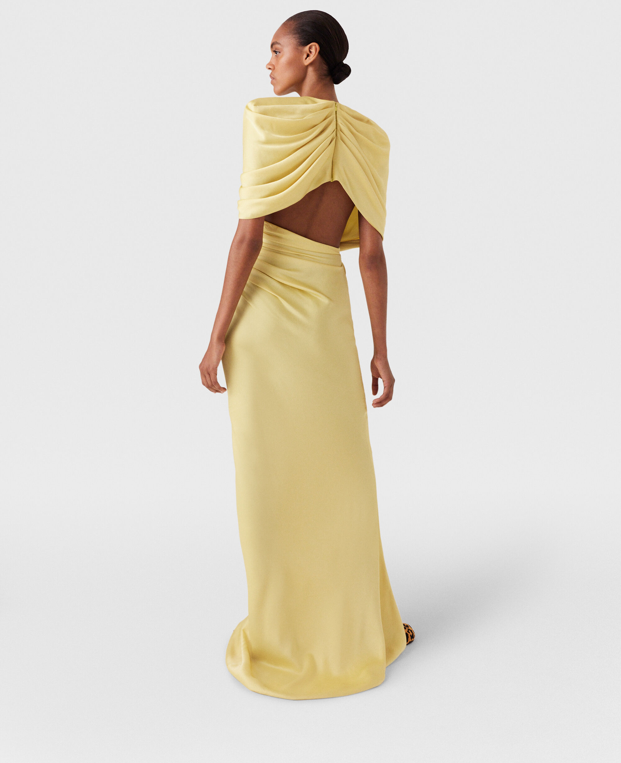 Women Chamomile Satin Wrapped Short-Sleeve Maxi Dress
