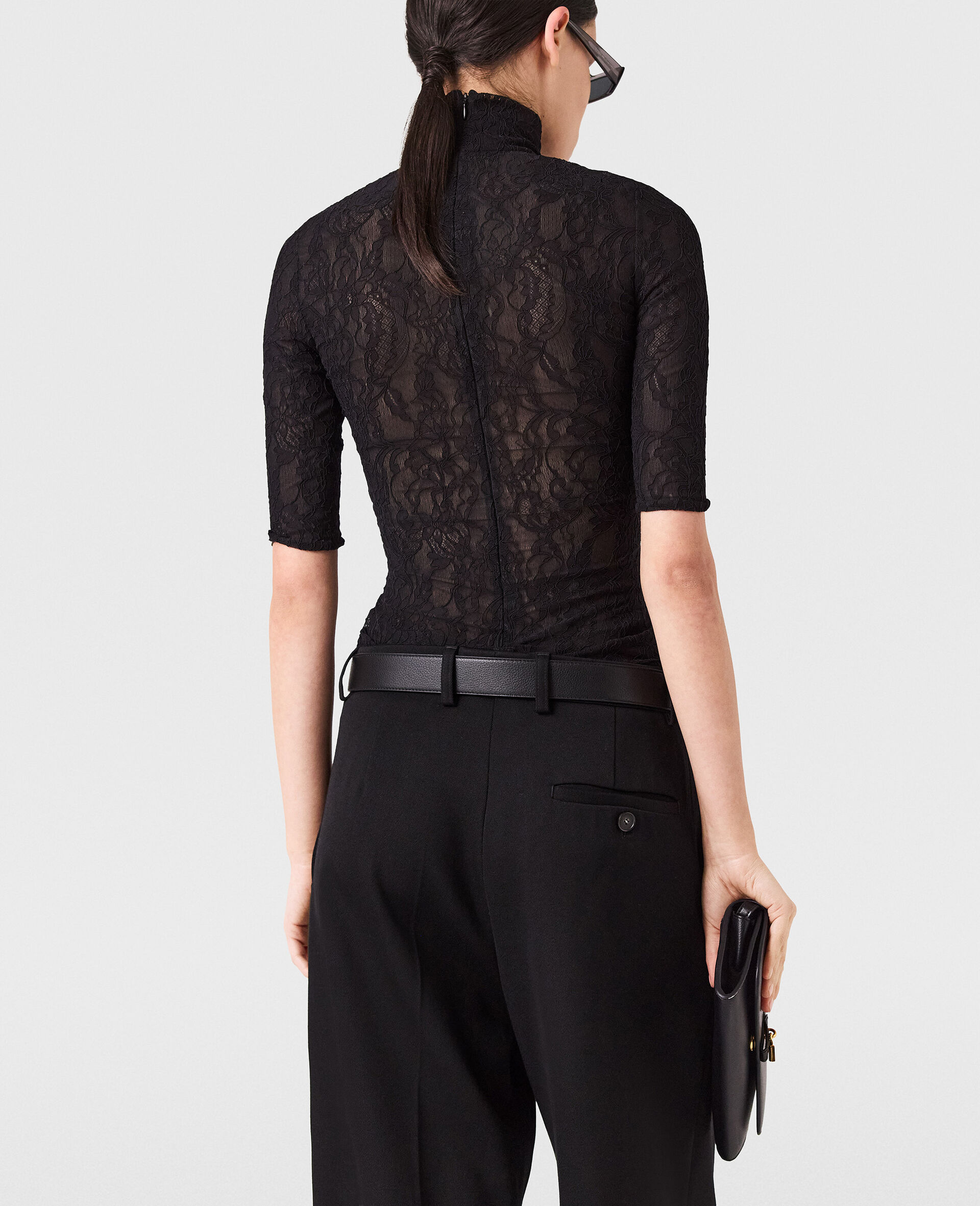Turtleneck Lace 3/4 Sleeve Top-Black-large image number 4