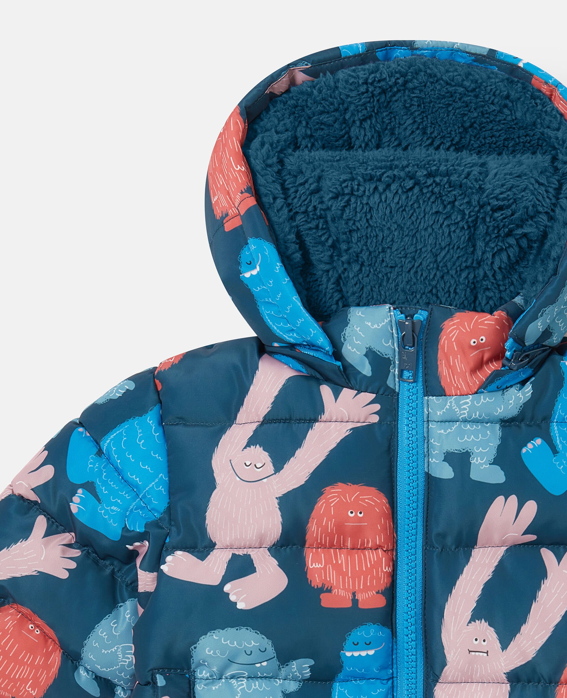 Monster Print Hooded Puffer Coat-Blue-medium