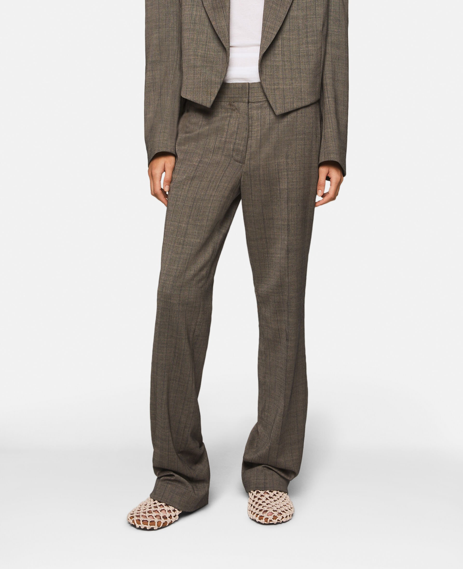 细条纹斜纹中腰直筒羊毛长裤-灰色-large image number 3