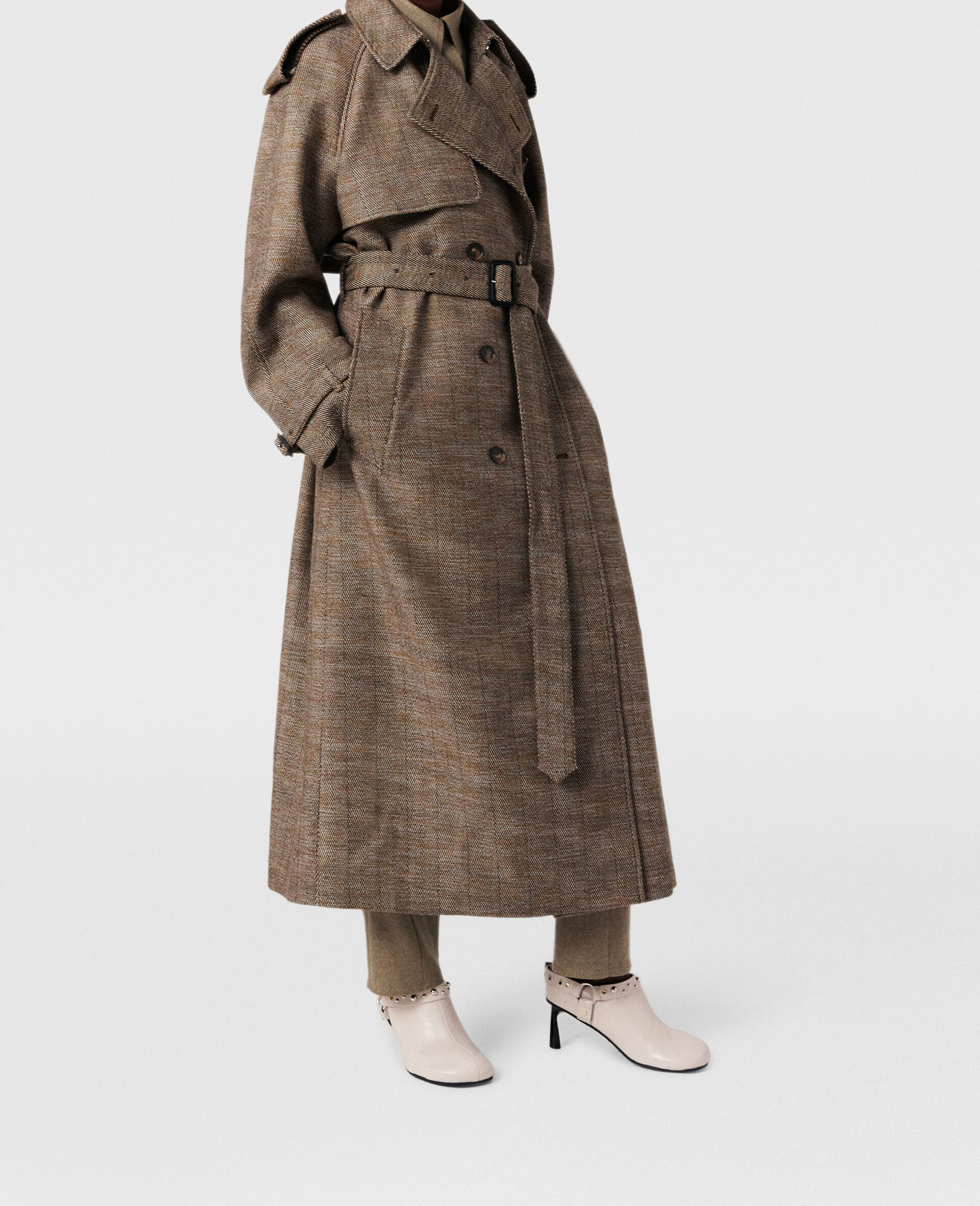 Belted Herringbone Trench Coat-Brown-large image number 6