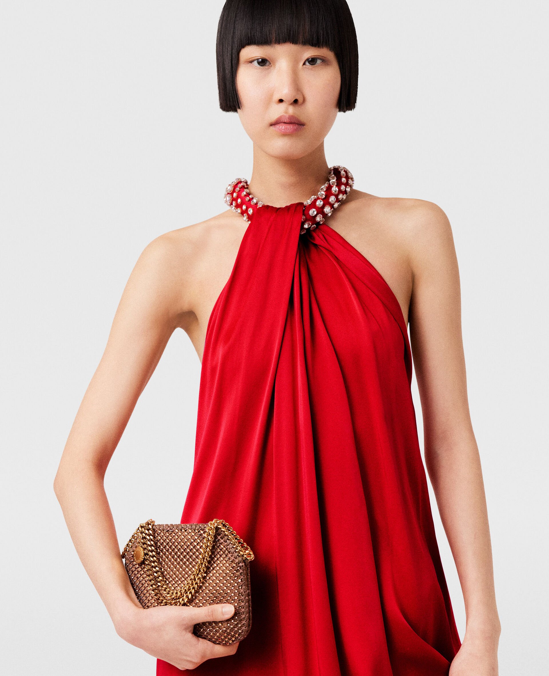 Maxikleid aus Satin mit Kristallen und Neckholder-Rot-large image number 3