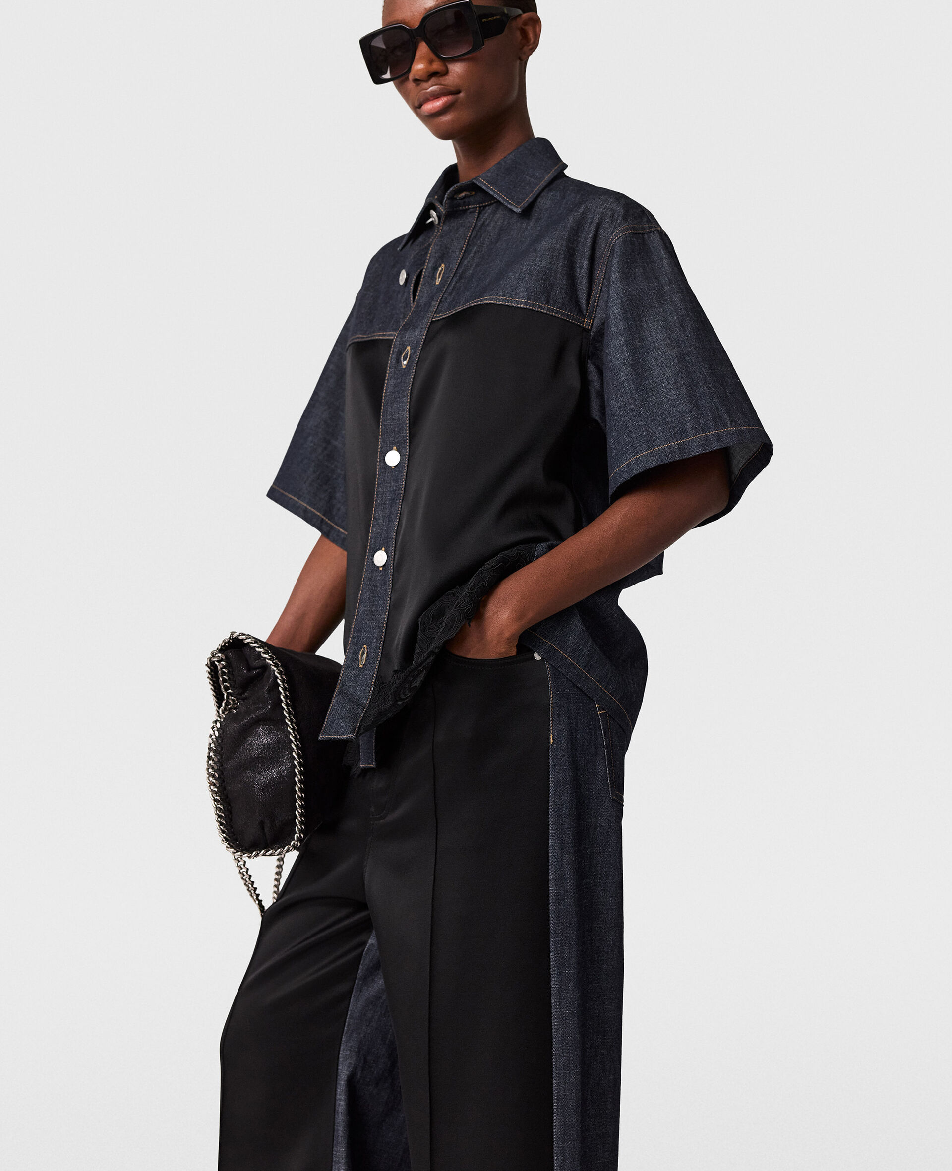 Wide-Leg Satin-Panel Denim Jeans-Blue-large image number 2