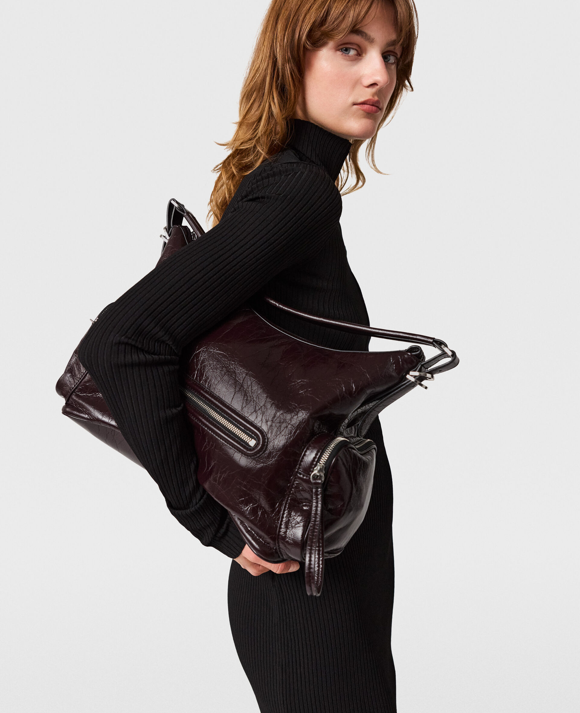 Zip-Neck Ribbed Knit Midi Dress-Black-large image number 2