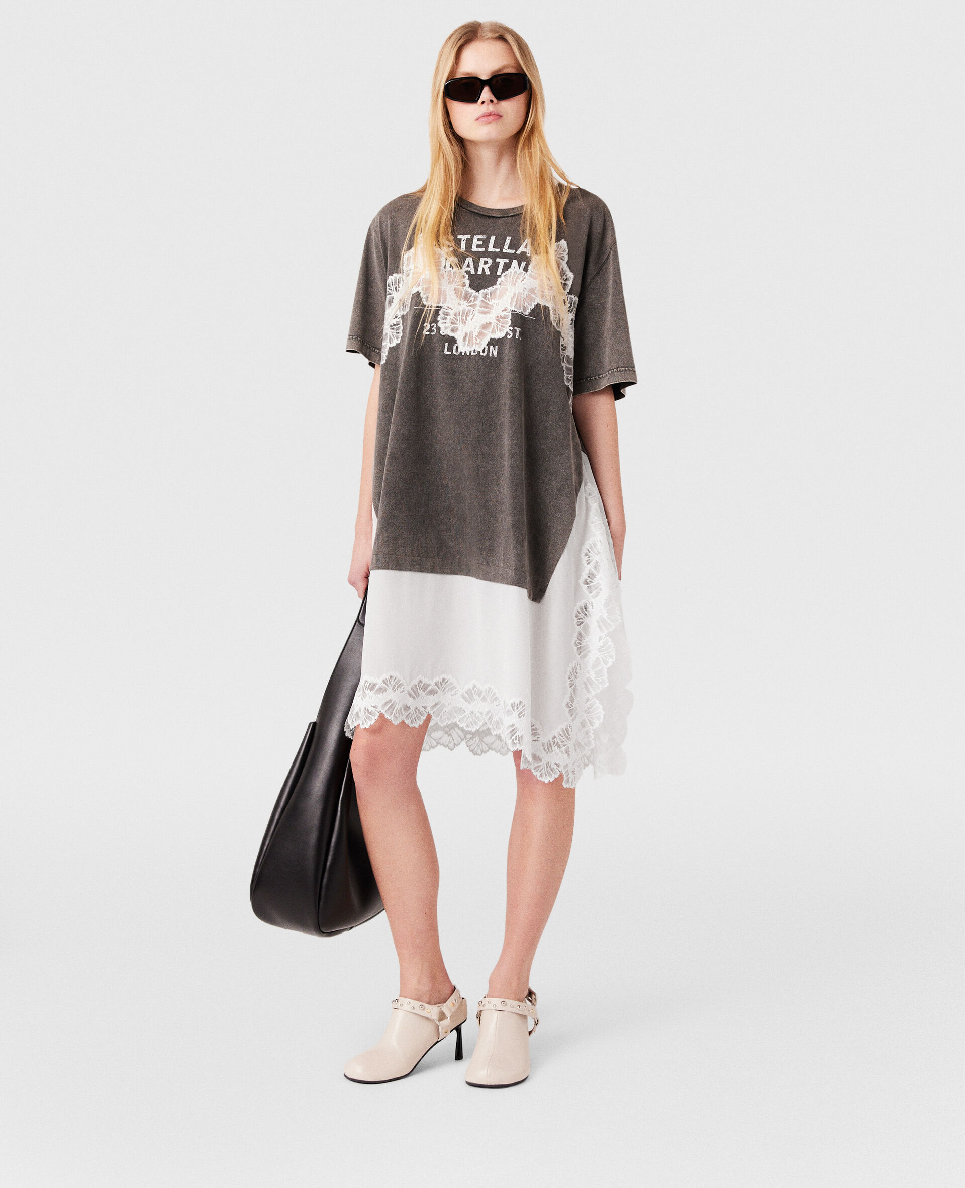 Robe midi t shirt a empiecements en dentelle-Gris-large image number 1