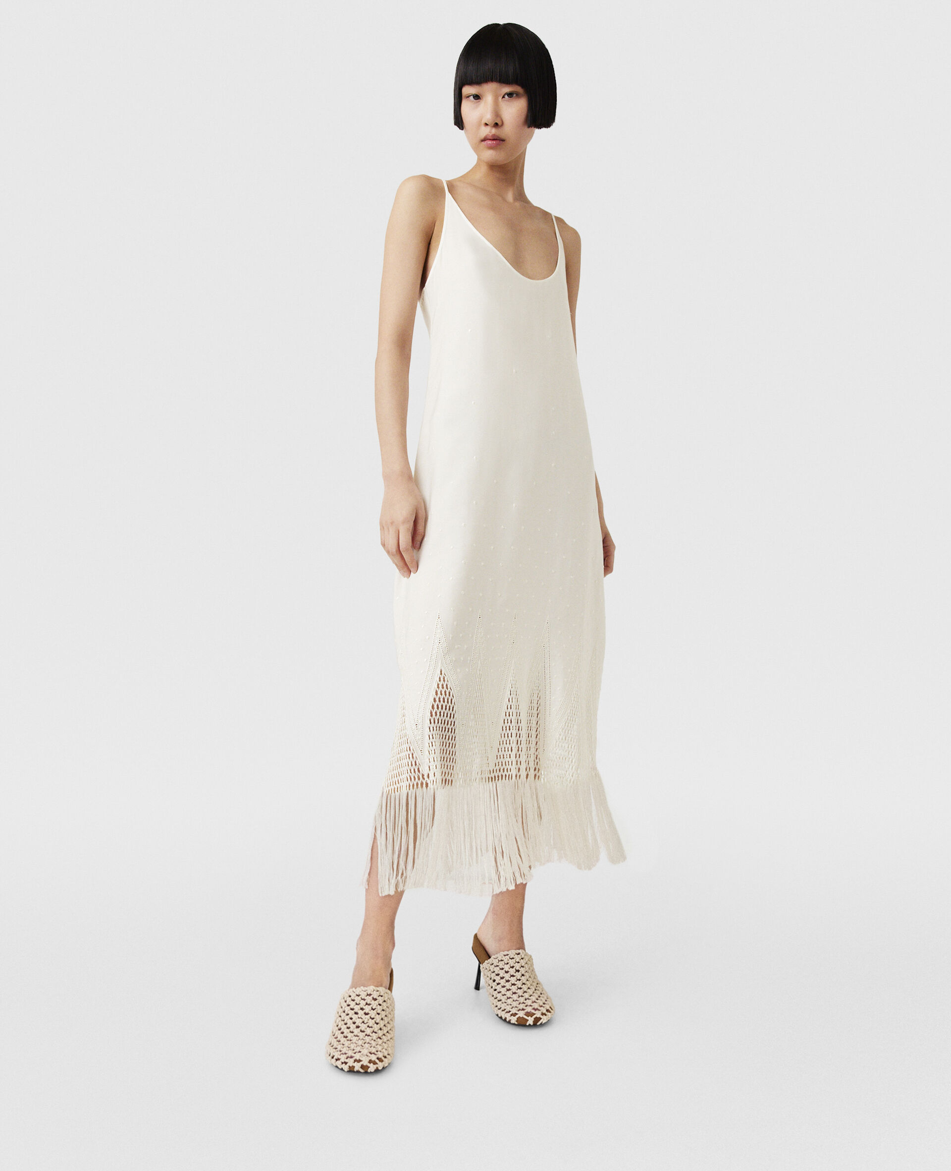 Abito Midi a Maglia Aperta con Frange-Cream-large image number 4