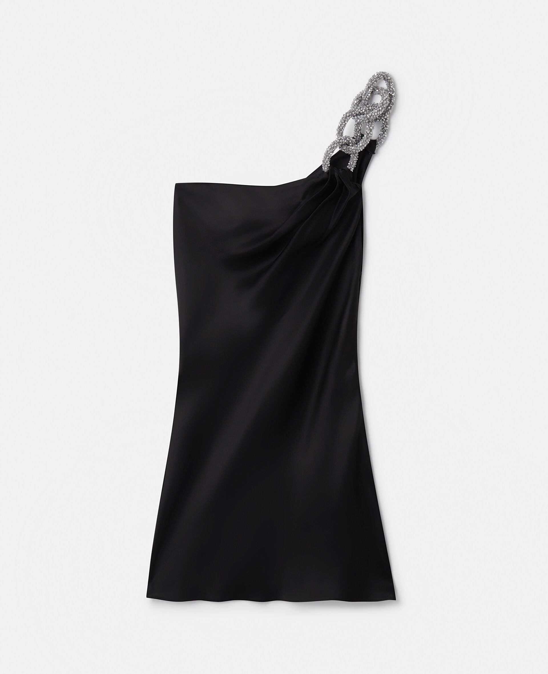 Mini abito monospalla in raso doppio con catena di cristallo Falabella-Nero-medium