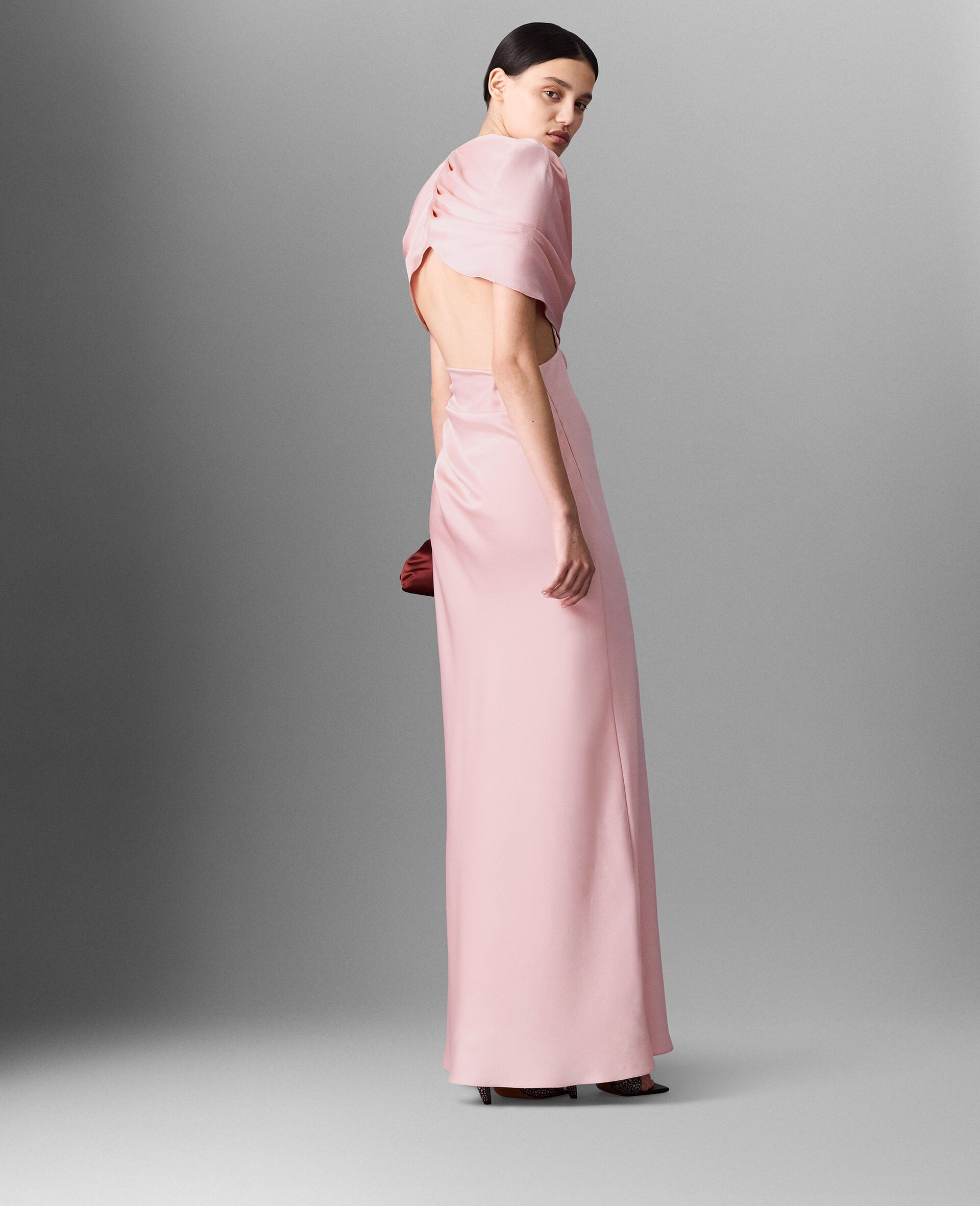 Robe longue enveloppante a manches courtes en satin-Bleu-large image number 5