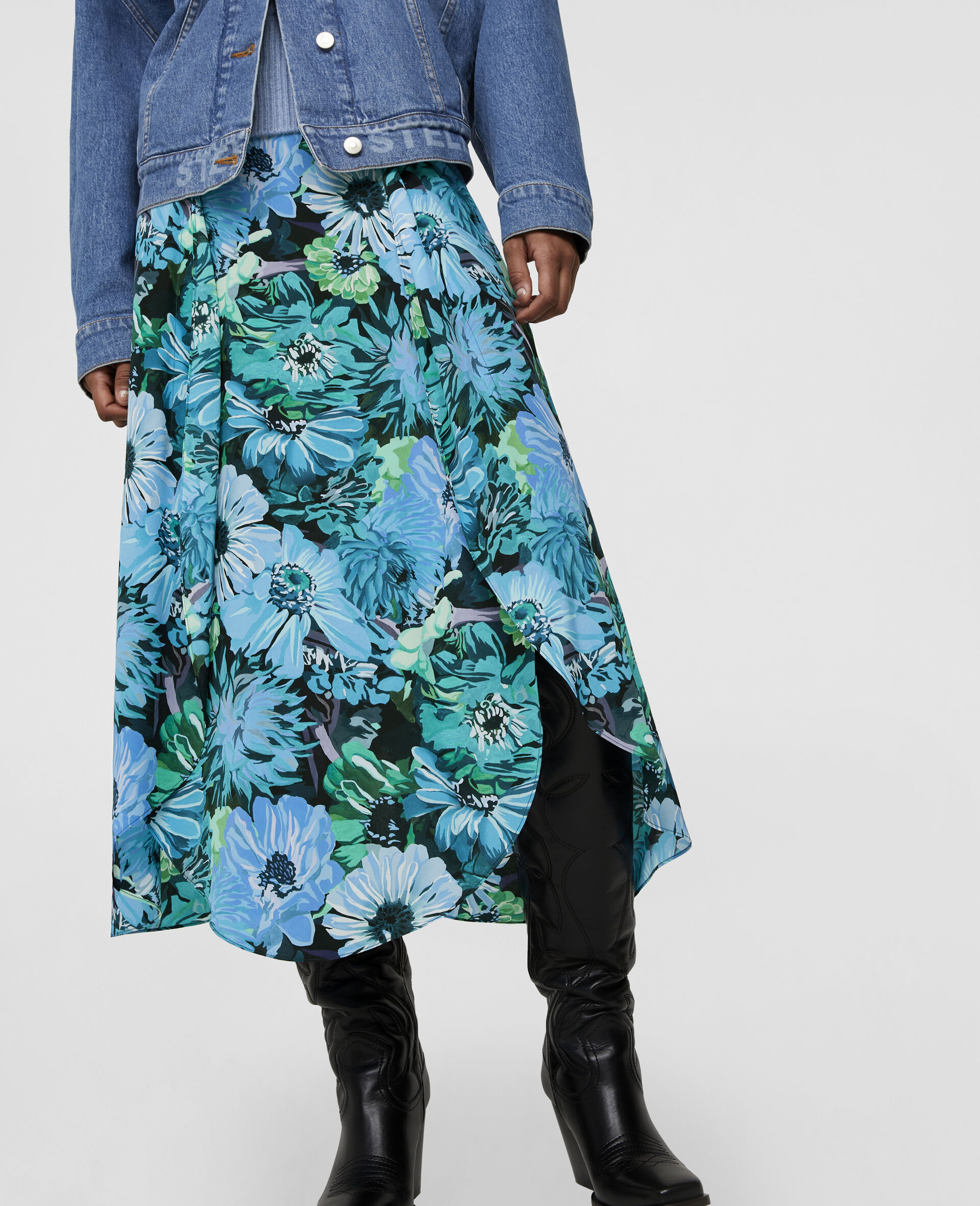 Painted Floral Print Silk Skirt-Blue-large image number 3