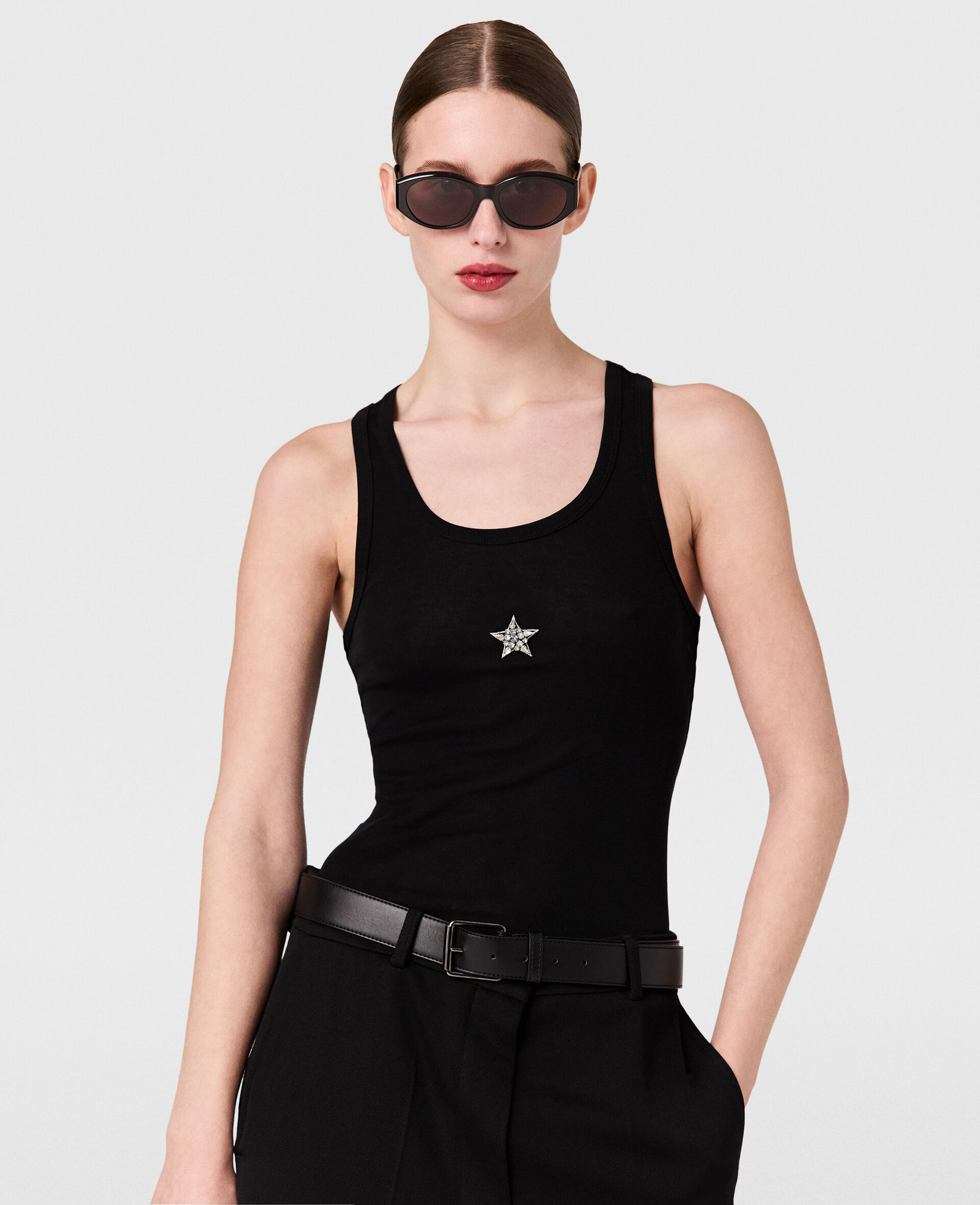 Crystal-Embroidered RacerbackTank Top-Black-model