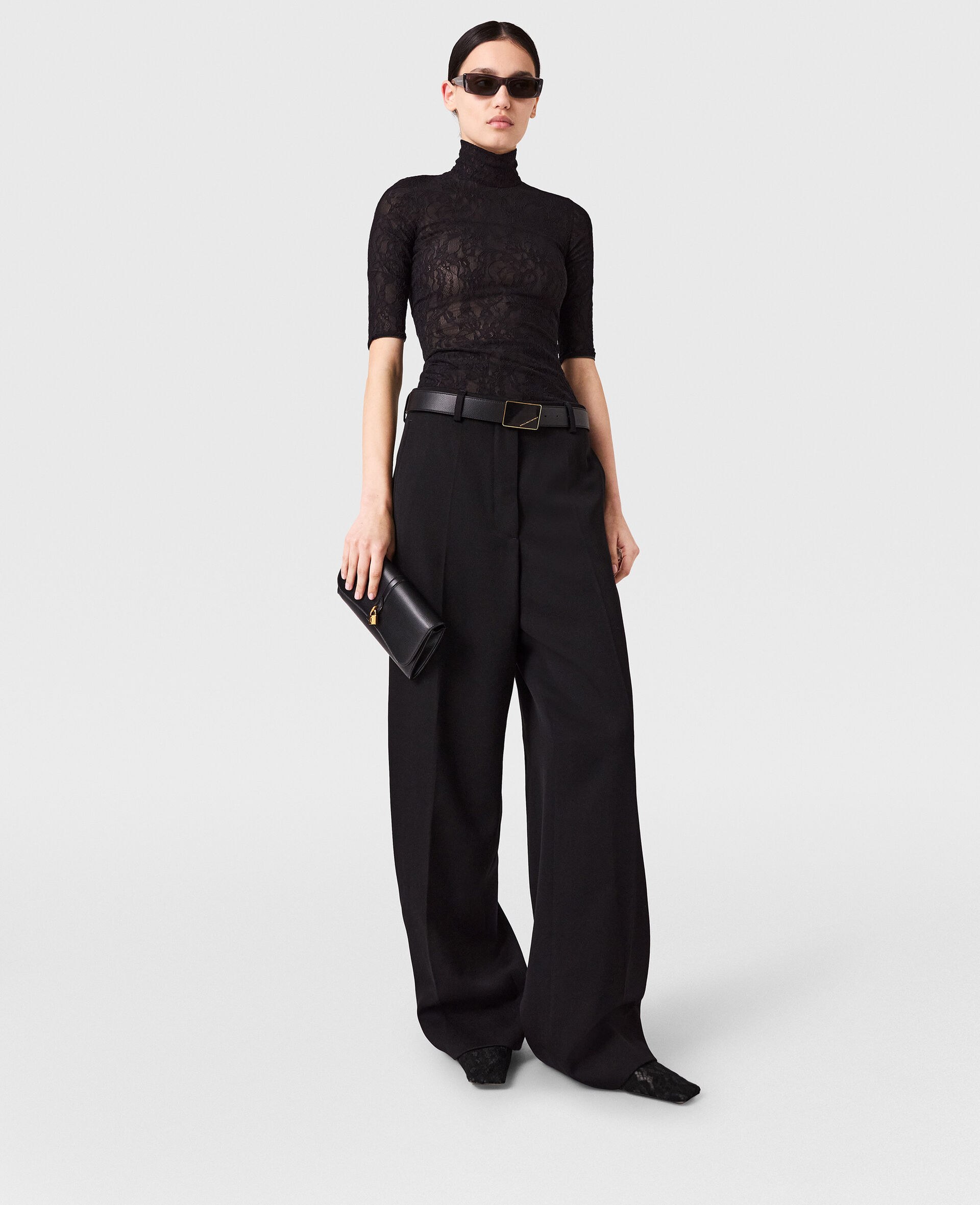 Turtleneck Lace 3/4 Sleeve Top-Black-large image number 5