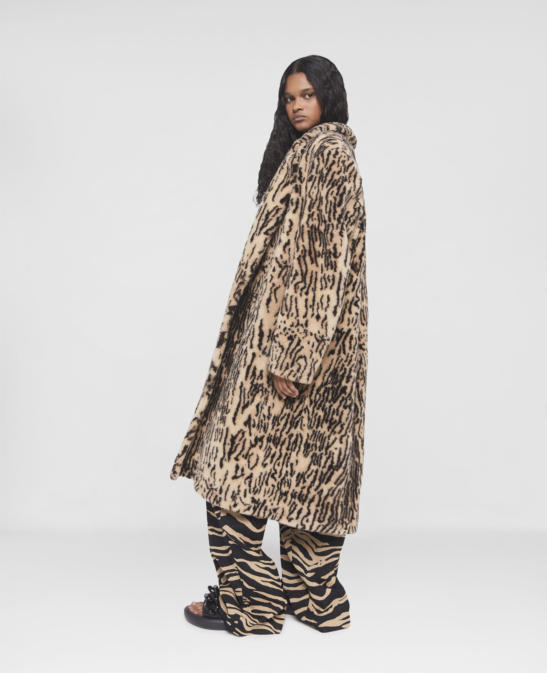 Ocelot Print Fur Free Fur Coat-Brown-large image number 2