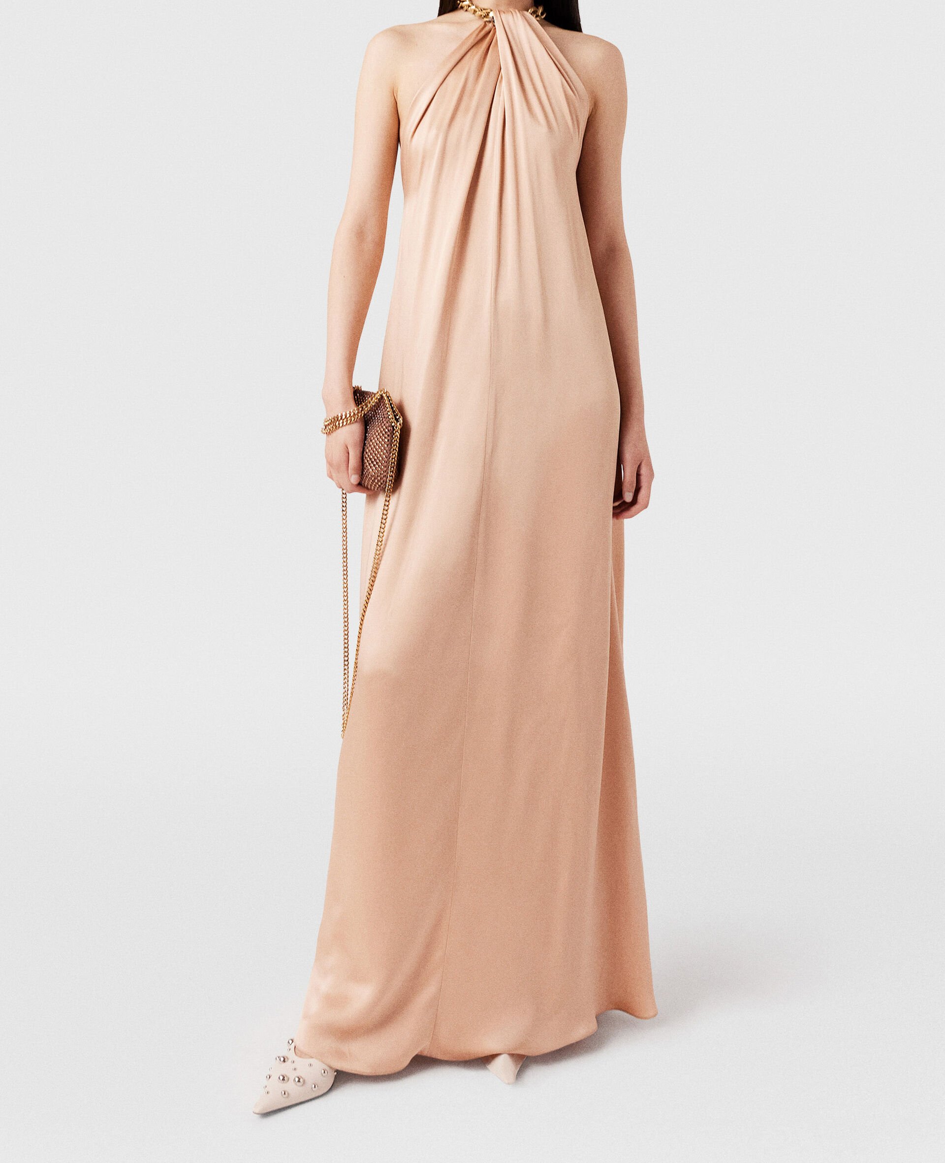 Chain Halterneck Satin Maxi Dress-Pink-model Chain Halterneck Satin Maxi Dress-Pink-model