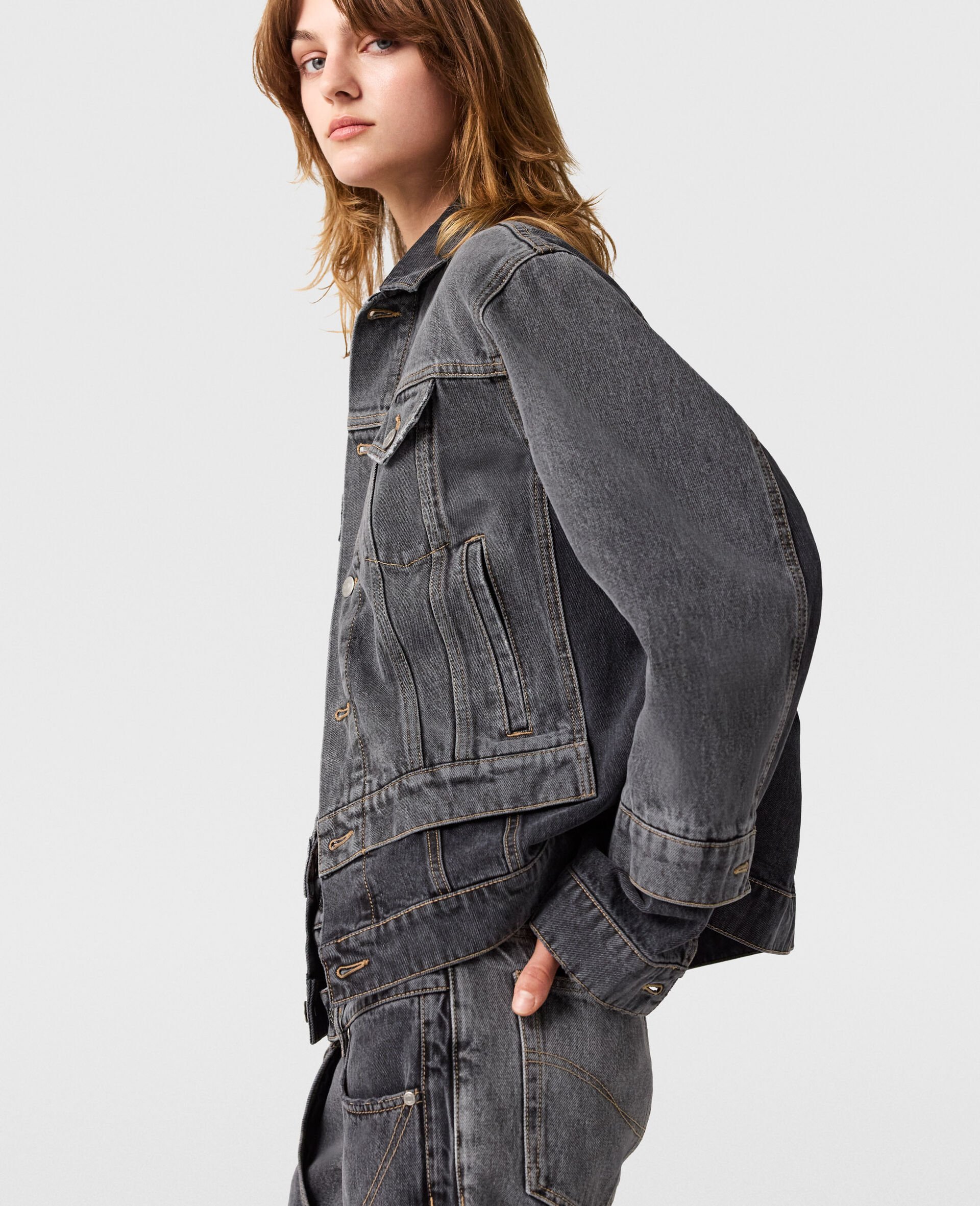 Tonal Panelled Denim Jacket-Black-large image number 2