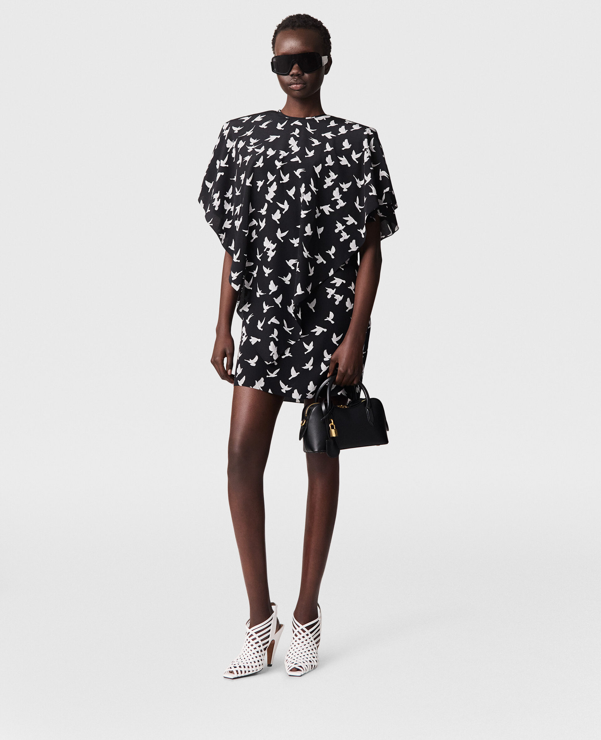 Layered Short Sleeve Dove Print Mini Dress-Black-model