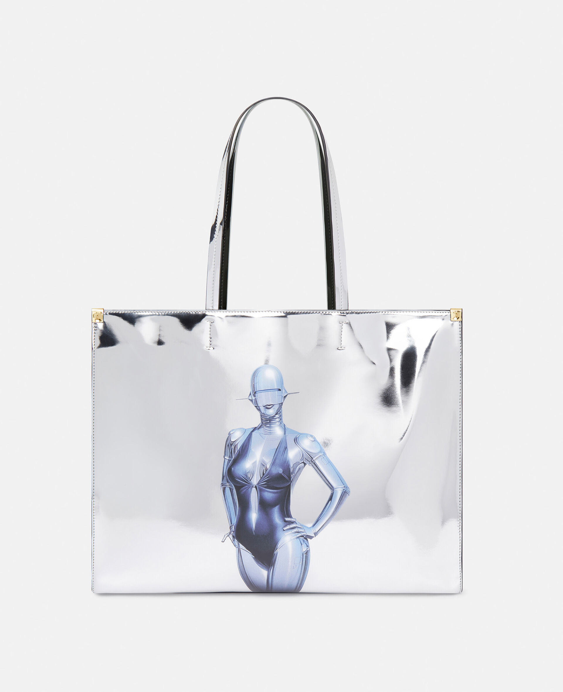 Verspiegelte Tote Bag mit Chrom-Effekt und Sexy Robot-Grafik-Silver-large image number 0