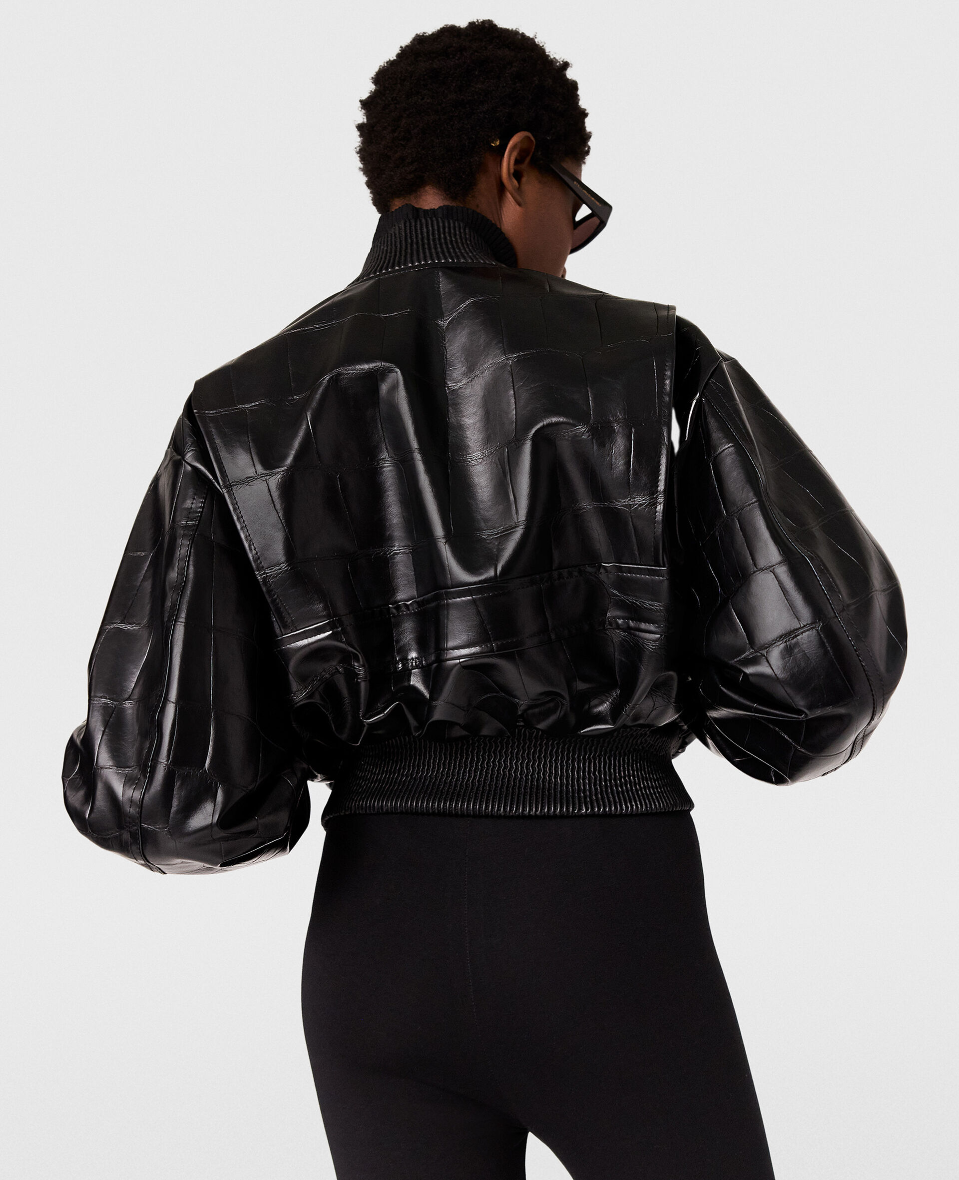 Crocodile-Embossed Cropped Bomber Jacket-Black-large image number 3