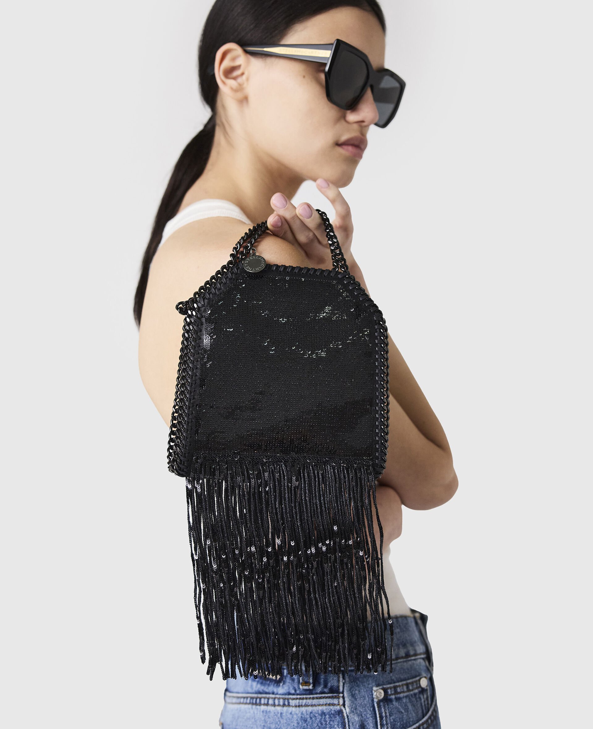 Limited-Edition Falabella Sequin Fringe Tiny Tote Bag-Black-model