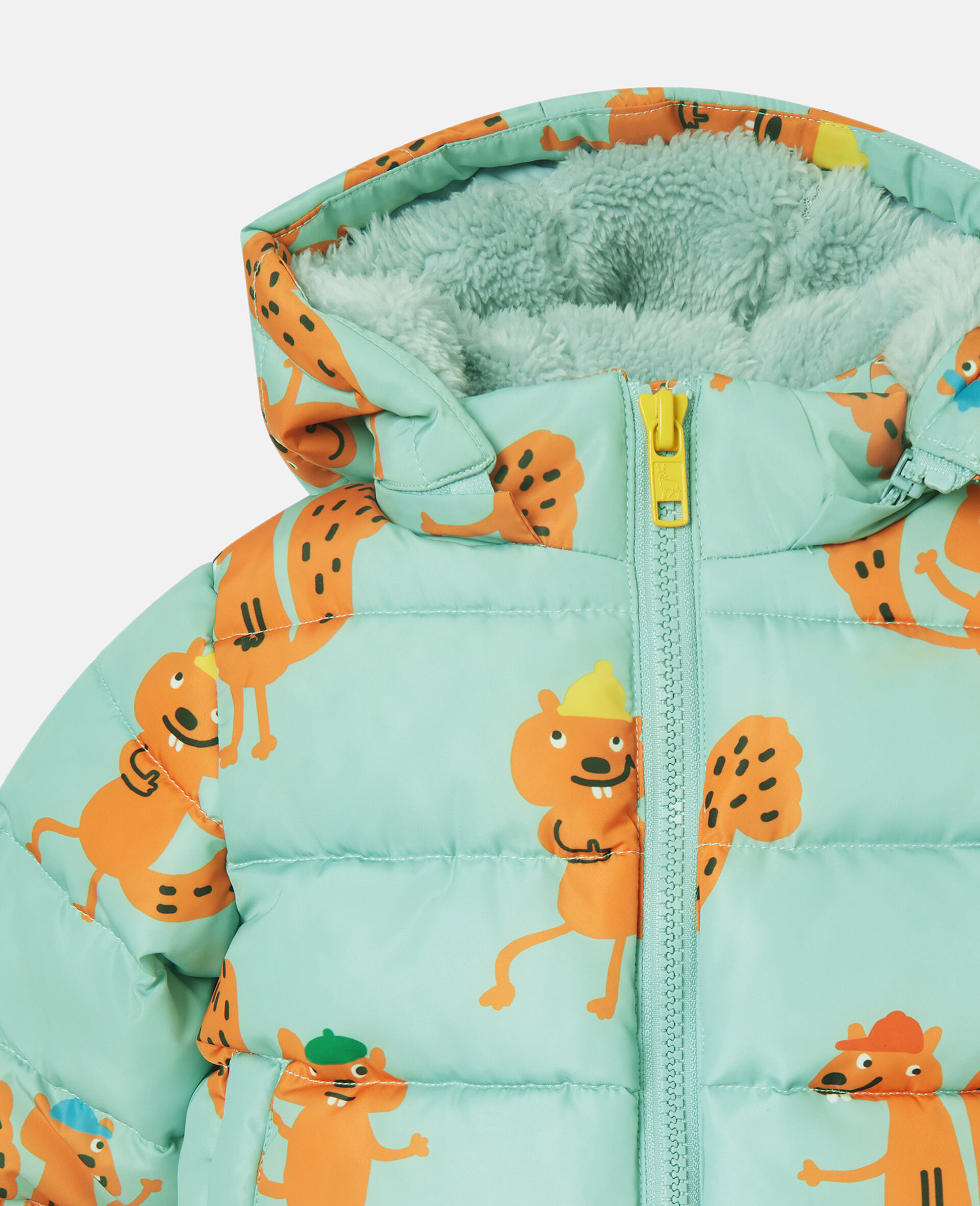 Squirrel Print Hooded Puffer Coat-Blue-large image number 2