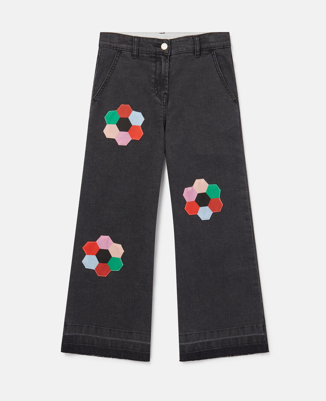 Women Black Hexagon Embroidery Flared Jeans