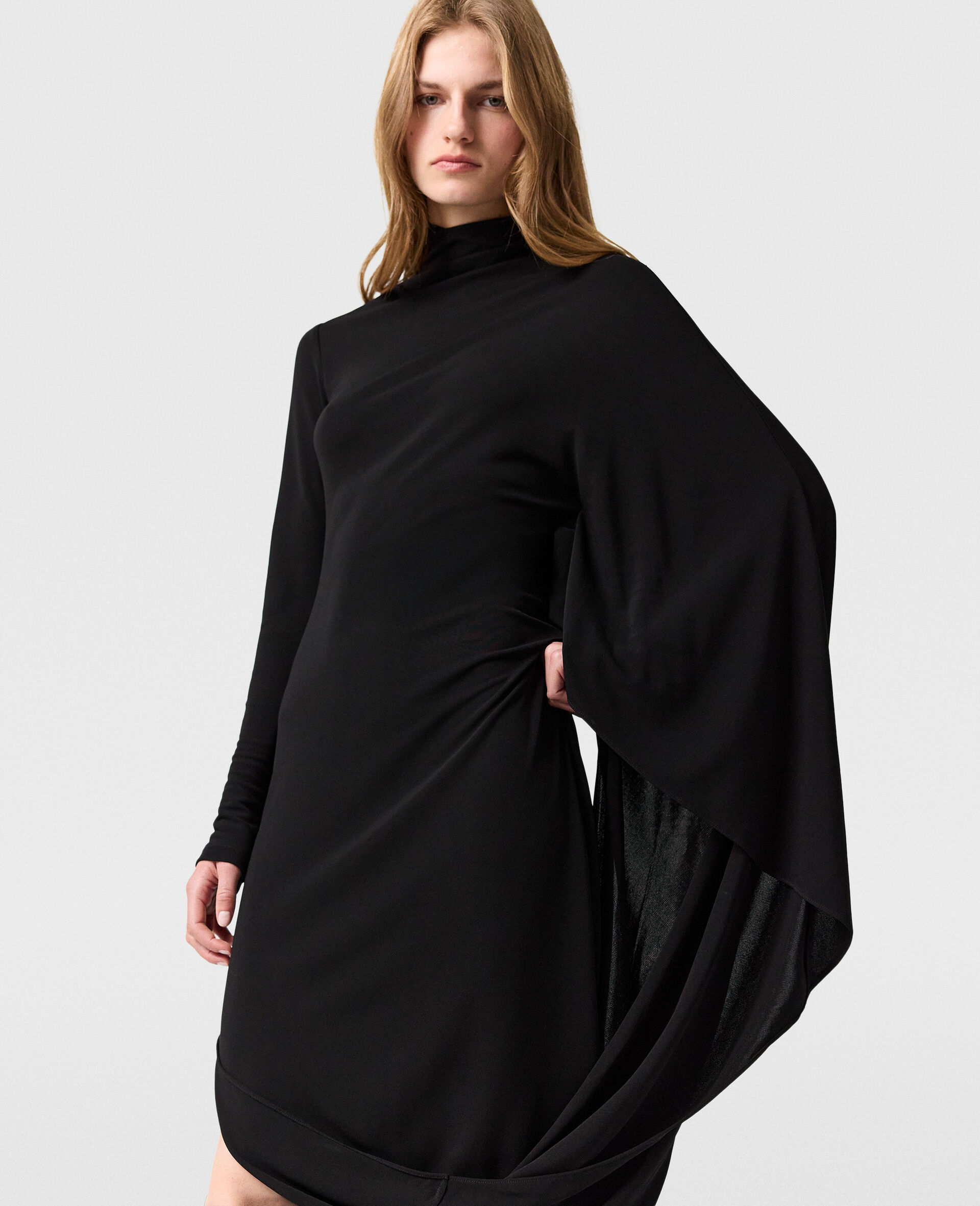 Asymmetric Cape Midi Dress-Black-large image number 5