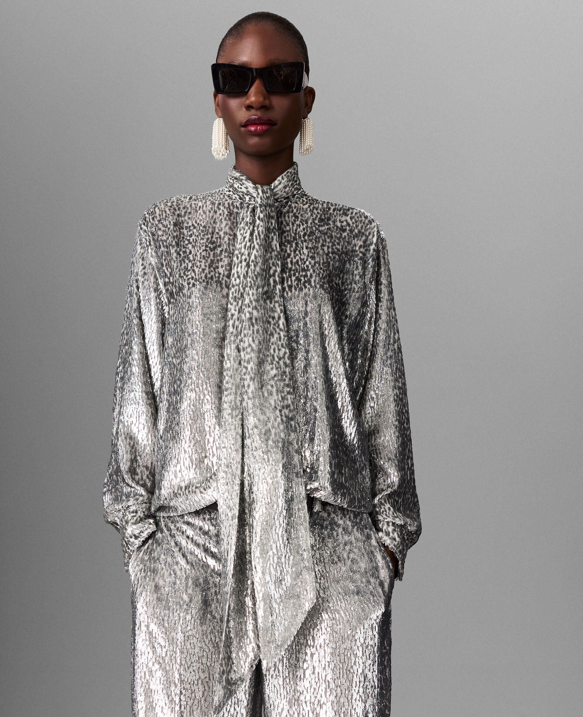 Metallic Velvet Tie-Neck Shirt-Silver-medium