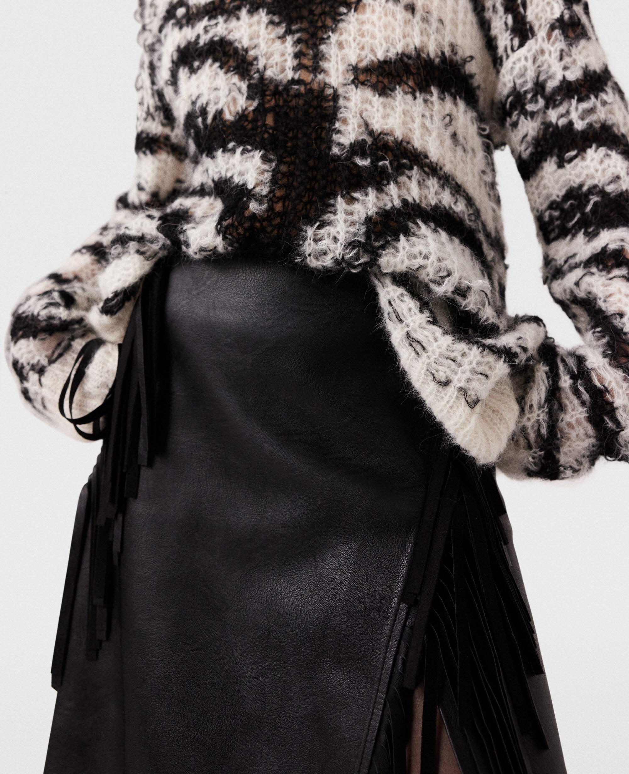 Women Midnight black Fringe Alter Mat Midi Skirt | Stella