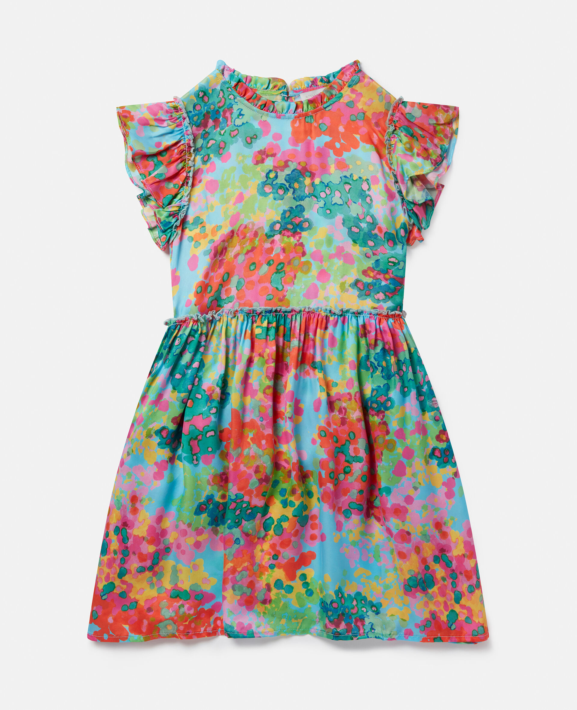 Painted Floral Print Frill Trim Dress-Blue-large image number 0