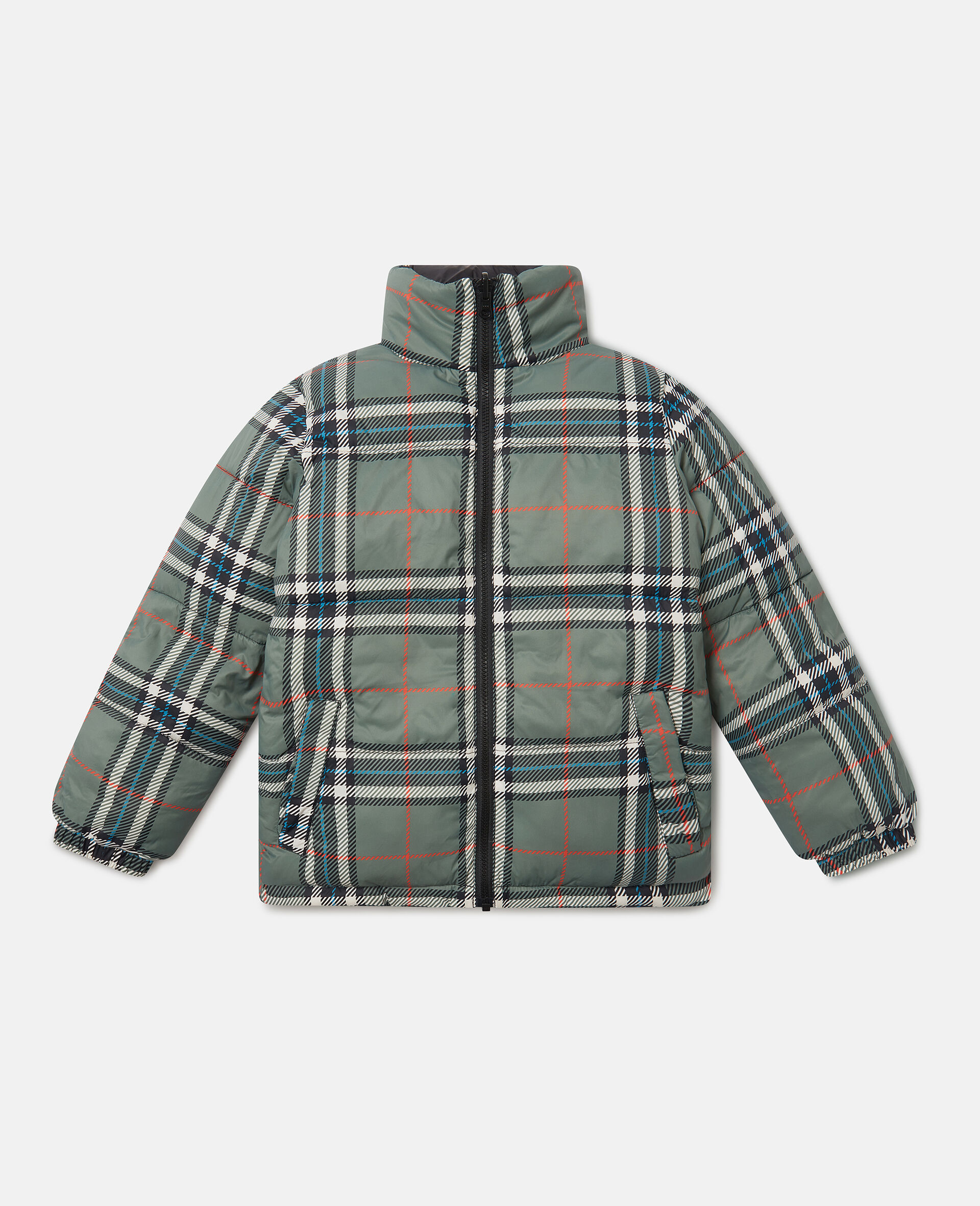 Check Lining High-Neck Puffer Coat-Green-medium