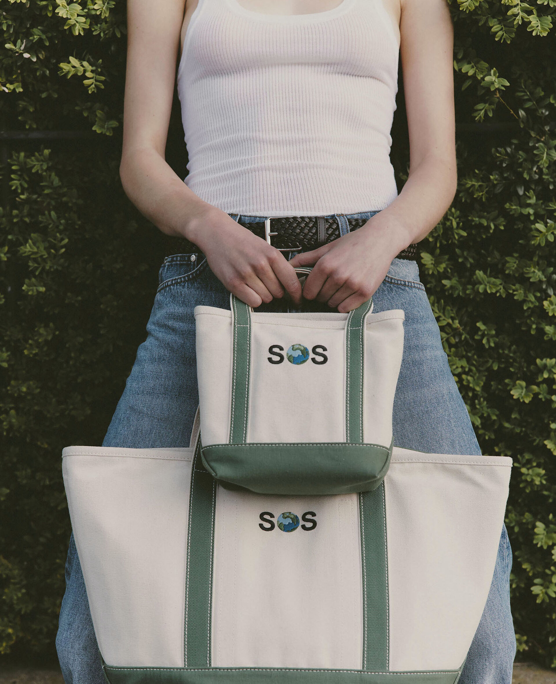SOS Embroidered Small Tote Bag-White-model