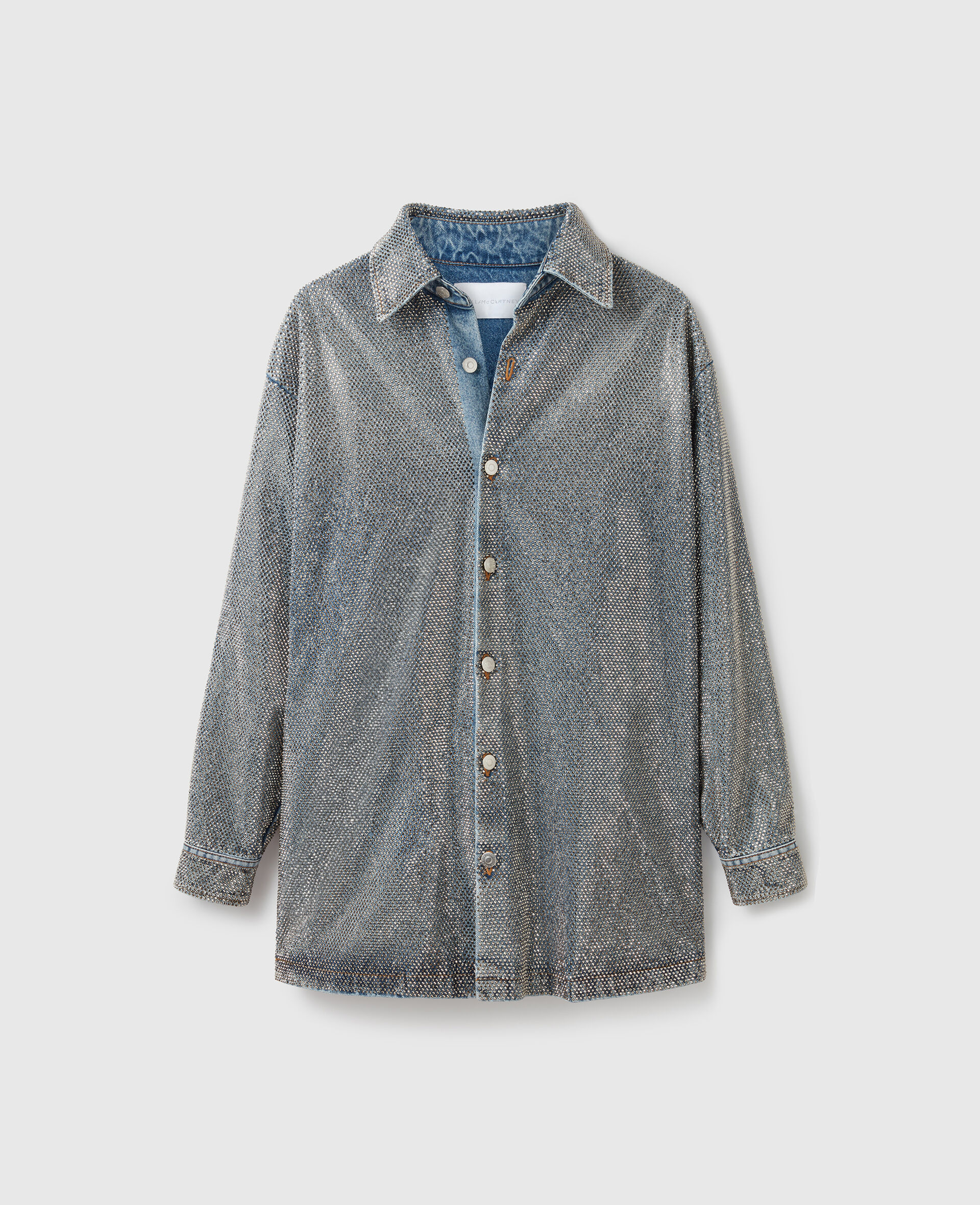 Oversized Crystal-Embellished Denim Shirt-Silver-large image number 0