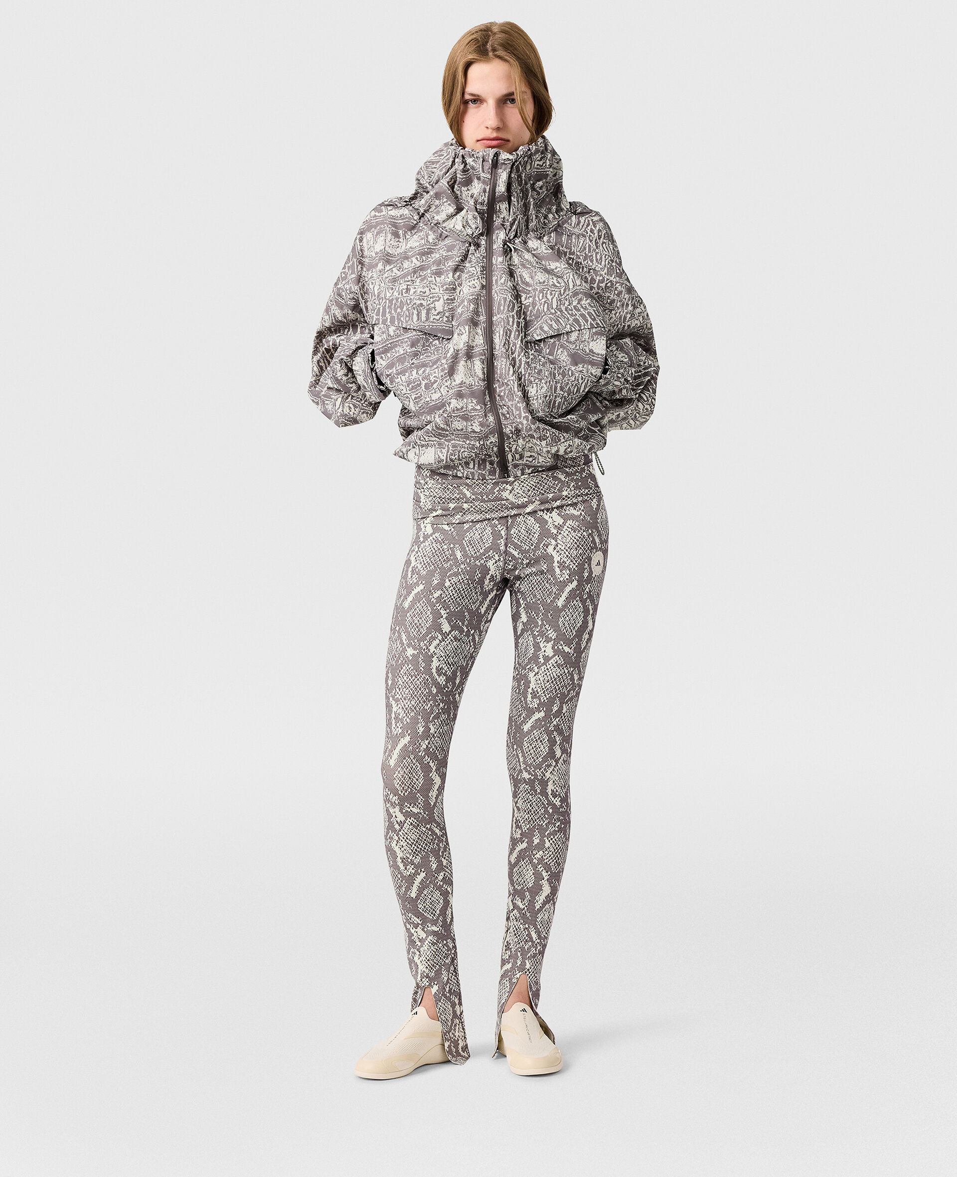 High-Neck Snake Print Hooded Jacket-Beige-large image number 5