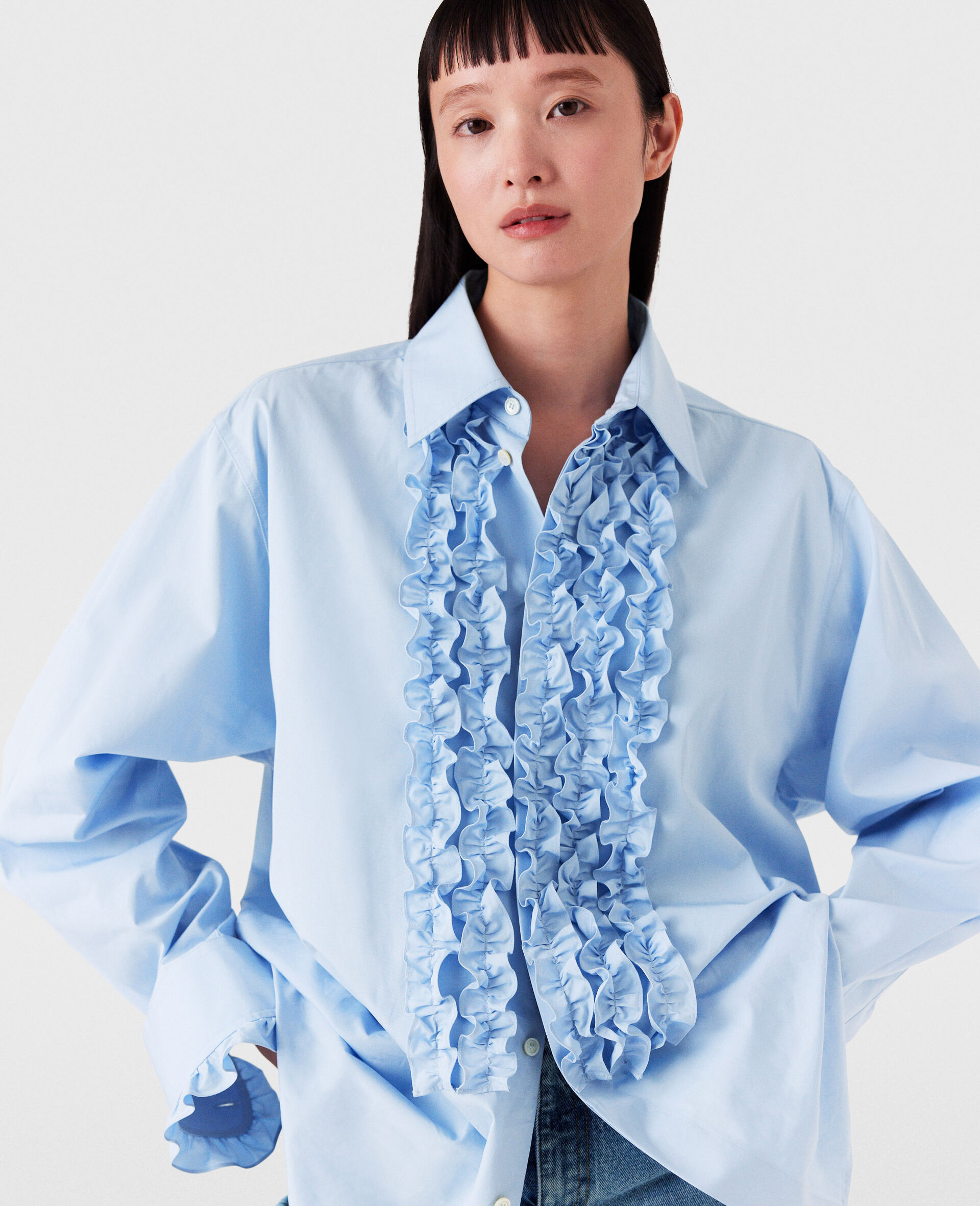 Ruffled Panel Oxford Shirt-Blue-model