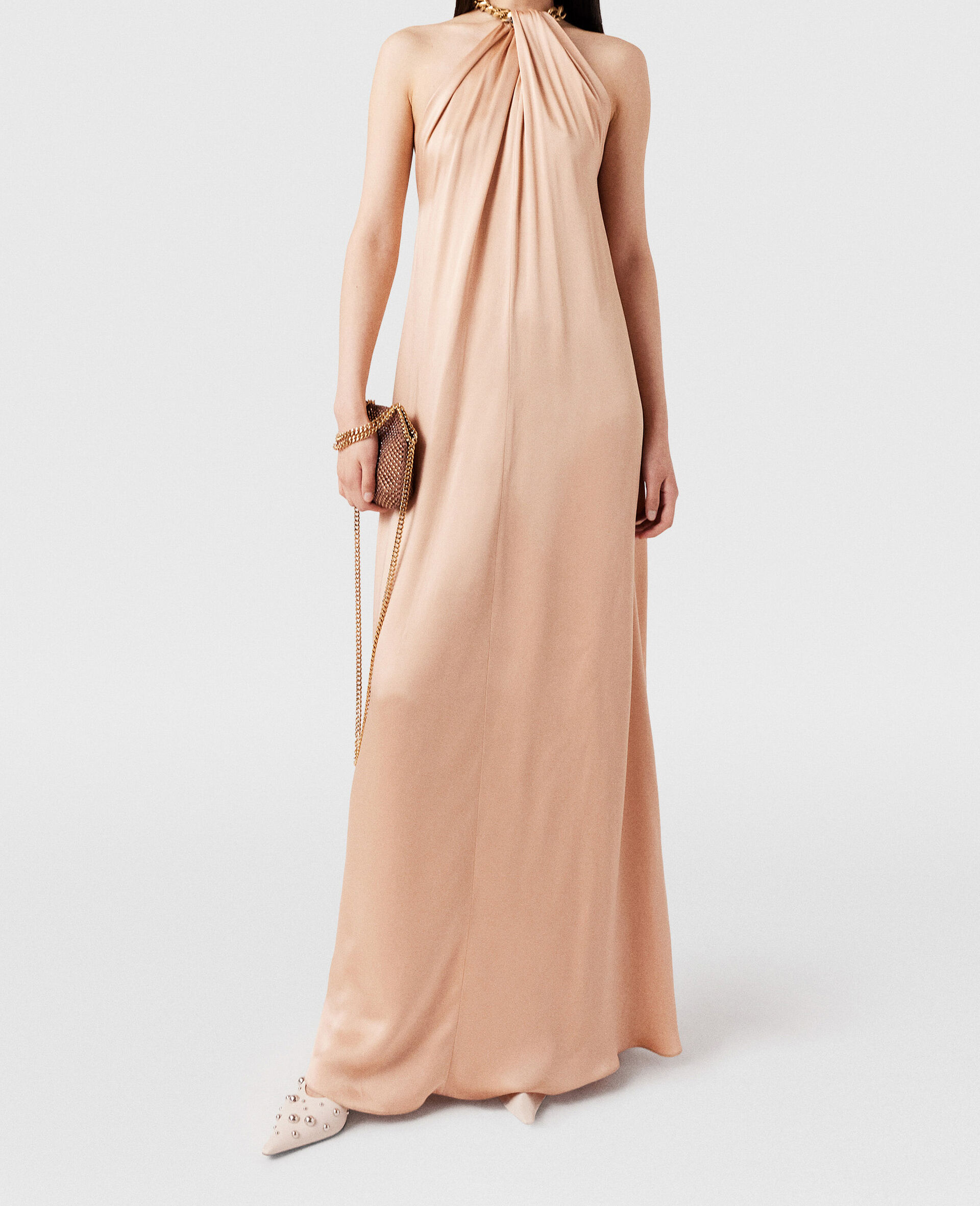 Chain Halterneck Satin Maxi Dress-Pink-model